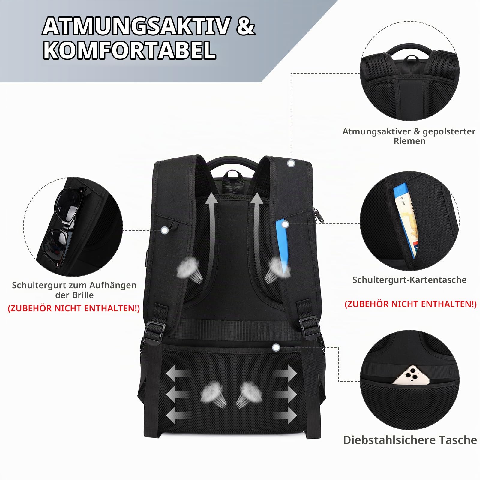 VINBAGGE Wasserdicht Anti Diebstahl Rucksack 15,6 Zoll Laptop Rucksack Herren Schulrucksack Großer Business Notebook Backpack für Arbeit Schule Reisen Männer Jungen - Schwarz