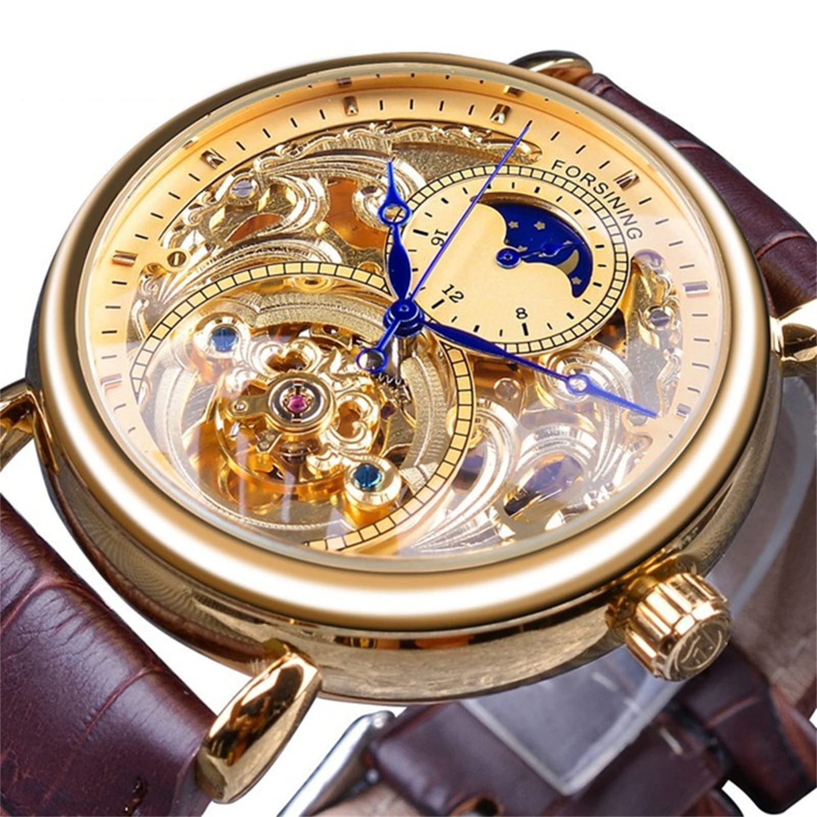 FORSINING Herren-Armbanduhr, automatisch, selbstaufziehend, mit schwarzem Silikonband, Retro-Skelett, Mondphase, großes Zifferblatt, mechanische Armbanduhr