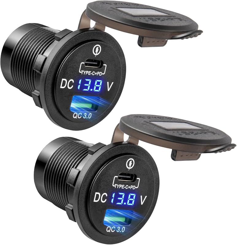 Tomada carregadora automotiva Anina 55 W com USB-A QC3.0 e USB-C PD 36 W, voltímetro e proteção reversa – 2 unidades