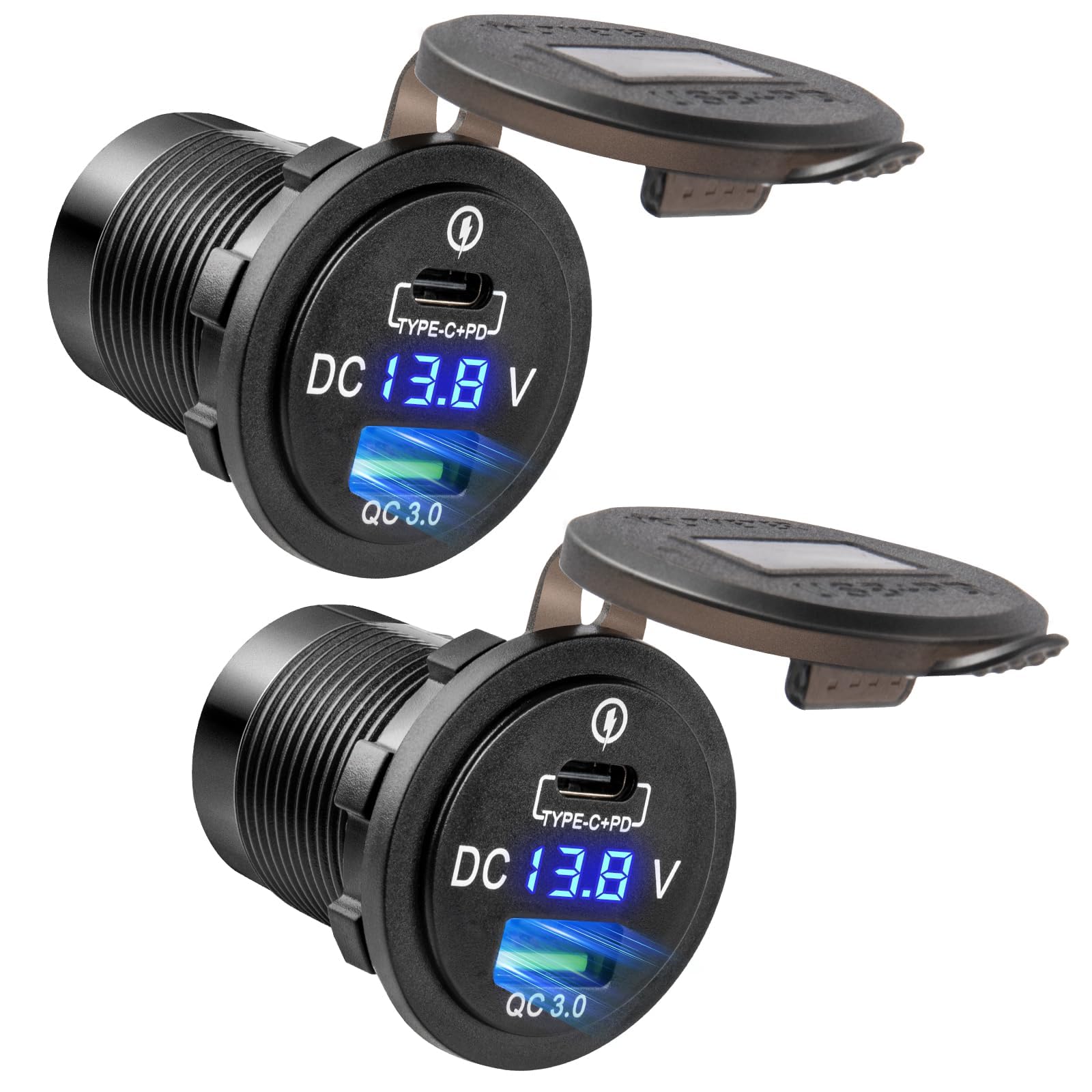 Anina 2PCS Car Charger Socket, 18W USB A + 36W PD USB C, 12V/24V Waterproof Dual Port Charger with Voltmeter & Reverse Protection for Car Truck RV