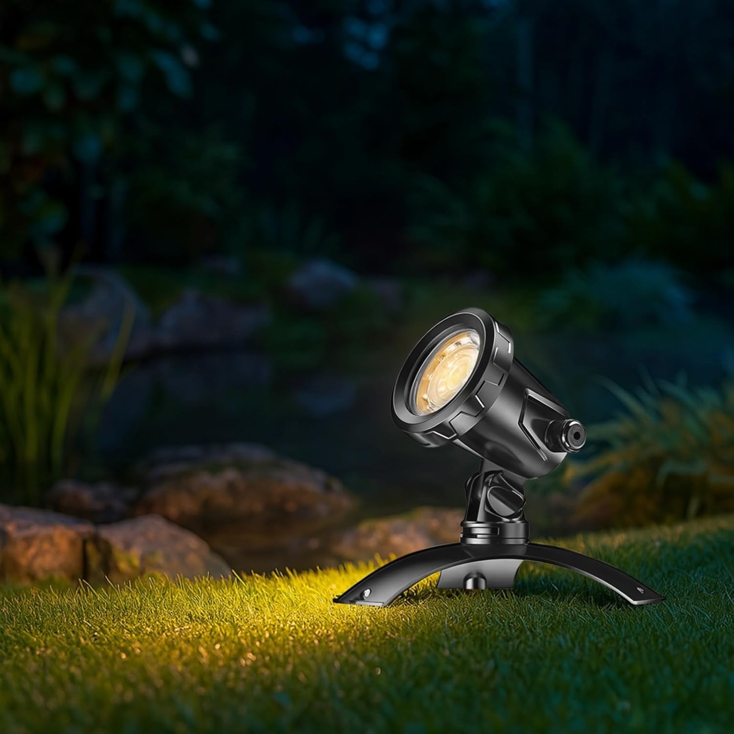Led Garden Spotlight with Waterproof Design, Warm Underwater Pond Light, 3W Submersible Landscape Lighting, 196.85 in / 5 Meter Power Cord, Includes Base and Stake for Outdoor Use