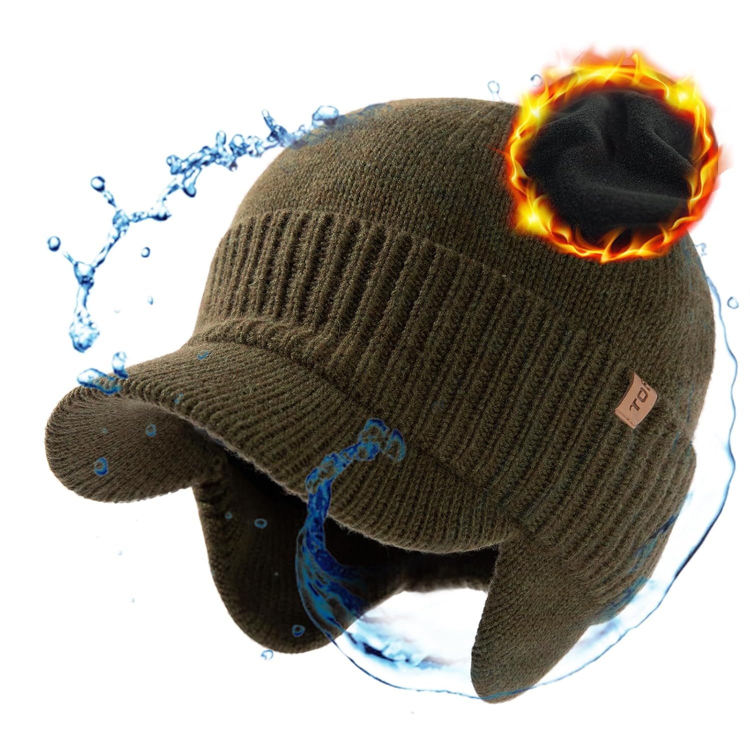 TOP-EX DryKnit XL XXL 80 Merino Wool Waterproof Brim Beanie with Ear Flaps Fleece Lined Hat for Cold