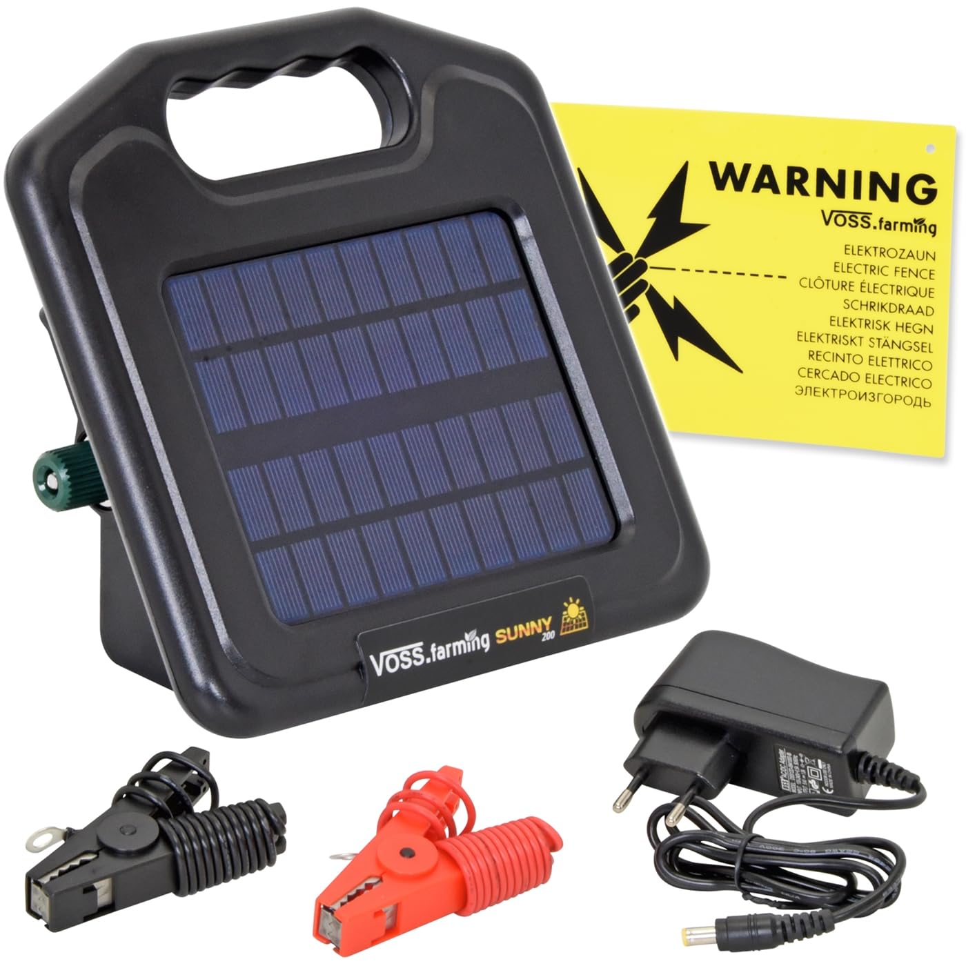 VOSS.farming Weidezaungerät Sunny 200, 8.100 Volt mit Solarmodul 2,5W, Akku 12V 4,5Ah, Elektrozaungerät, Stromgerät Weidezaun, Elektrozaun mobil
