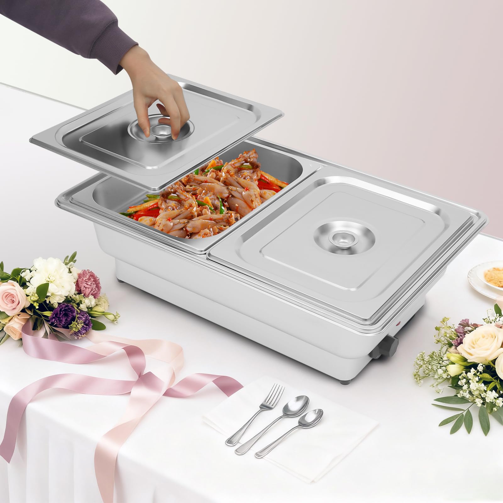 Server a buffet in acciaio inox, chafing stoviglie con 2 padelle coperchio 600 W riscaldamento per buffet catering cene in famiglia ed eventi 56 cm