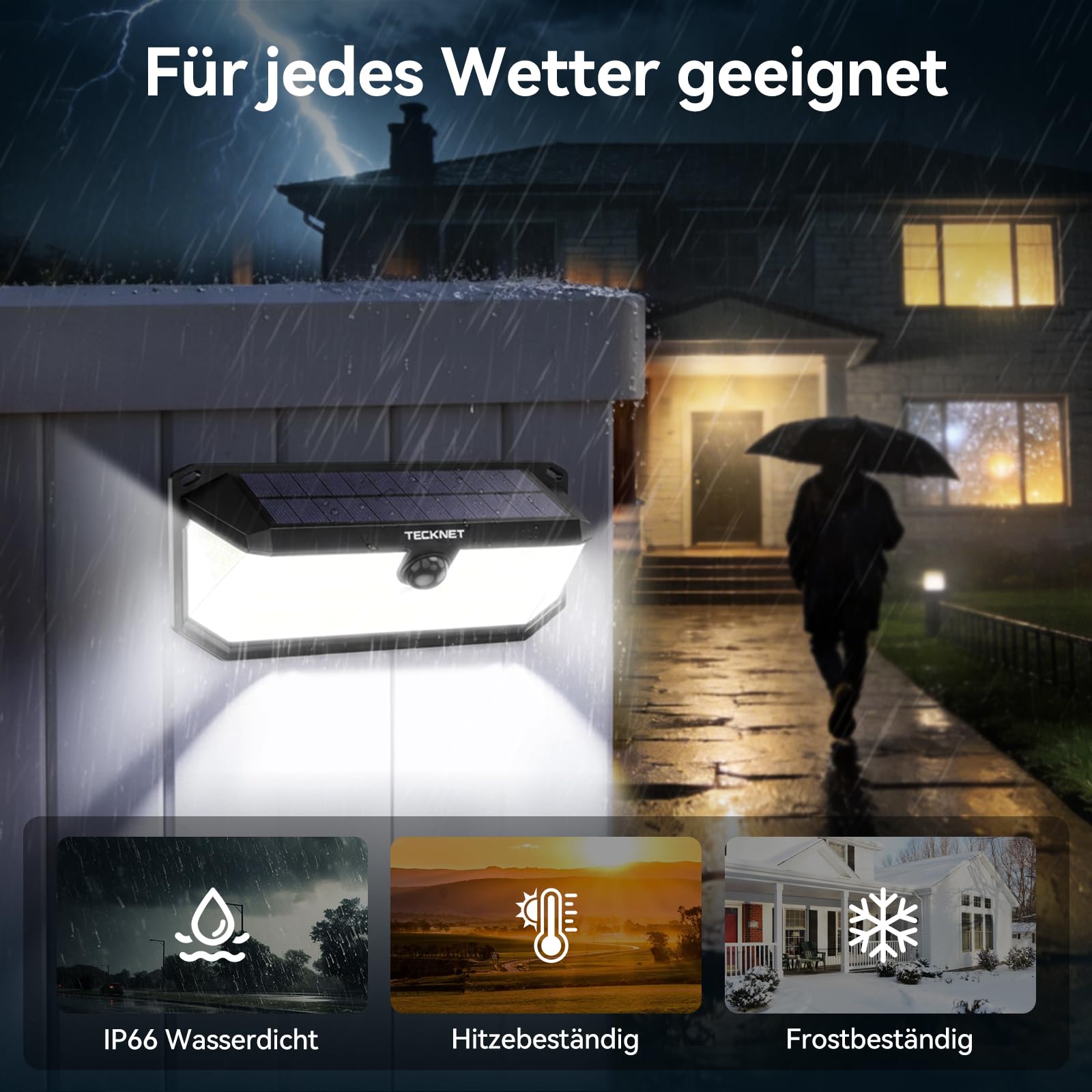 TECKNET Solarlampen für Außen mit Bewegungsmelder 495 LED, 4 Stück 300° Superhelle LED Solar Wandleuchte, IP66 wasserdichte Solar Lampe Outdoor, Garten, Wand Beleuchtung | solarlampen