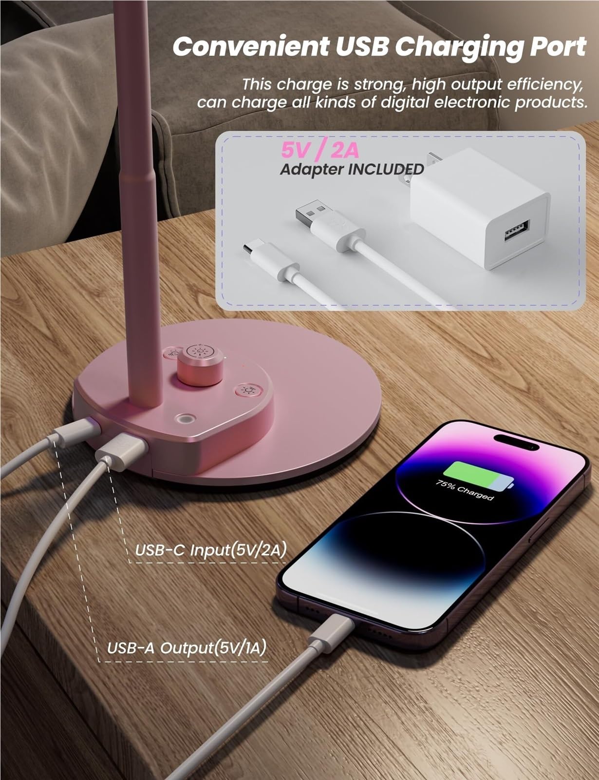 Lámpara De Lectura Lámpara De Escritorio LED con Puerto Carga USB, Luz Regulable, Cuello Cisne Flexible para Ojos(Pink)