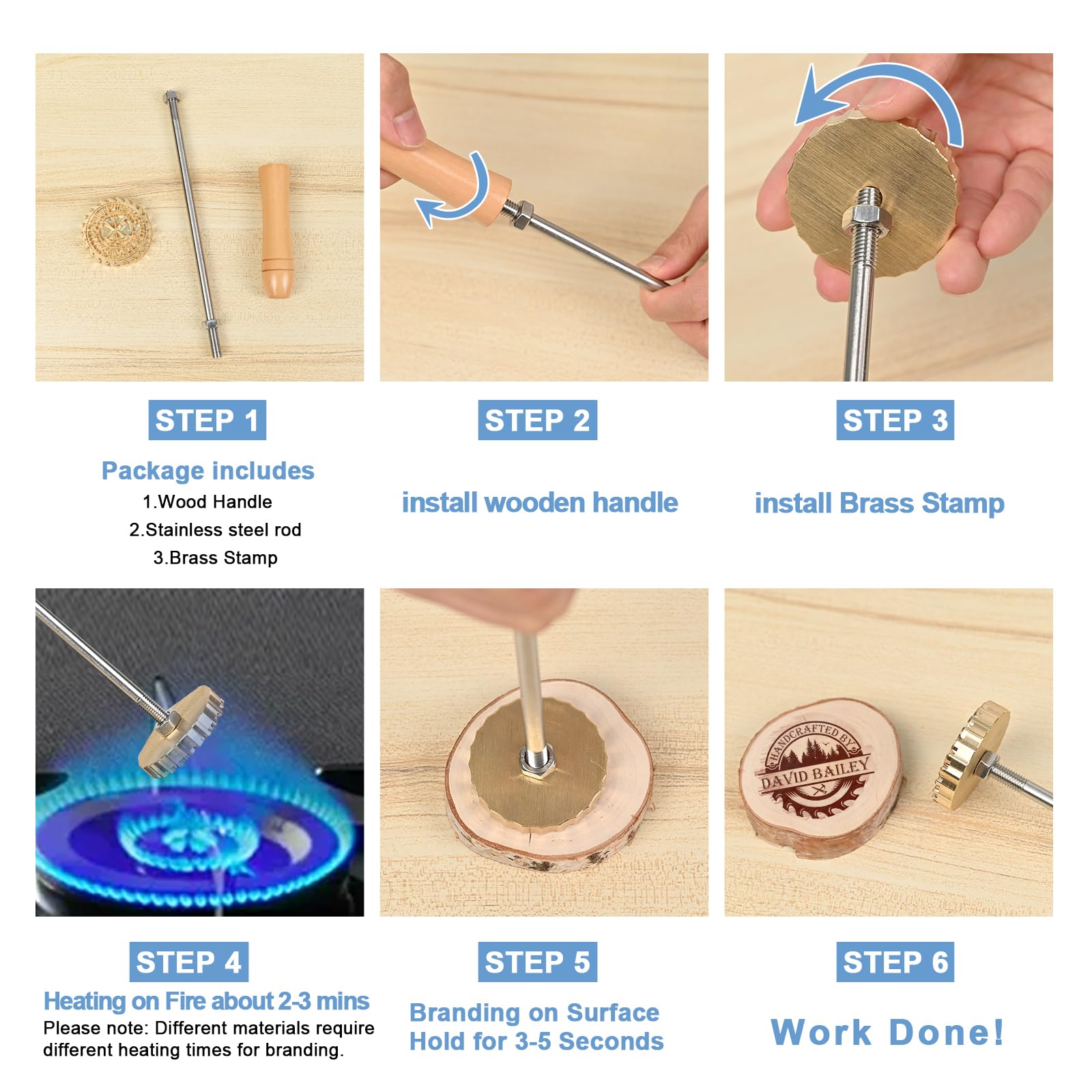 KAINSY Custom Wood Branding Iron, Personalized Burning Stamp for Leather Meat Food Wood, Flame Heated Metal Stamp with Customized Logo Design, Wedding Party Wood Worker Bread Making Gifts(1.5 inches)