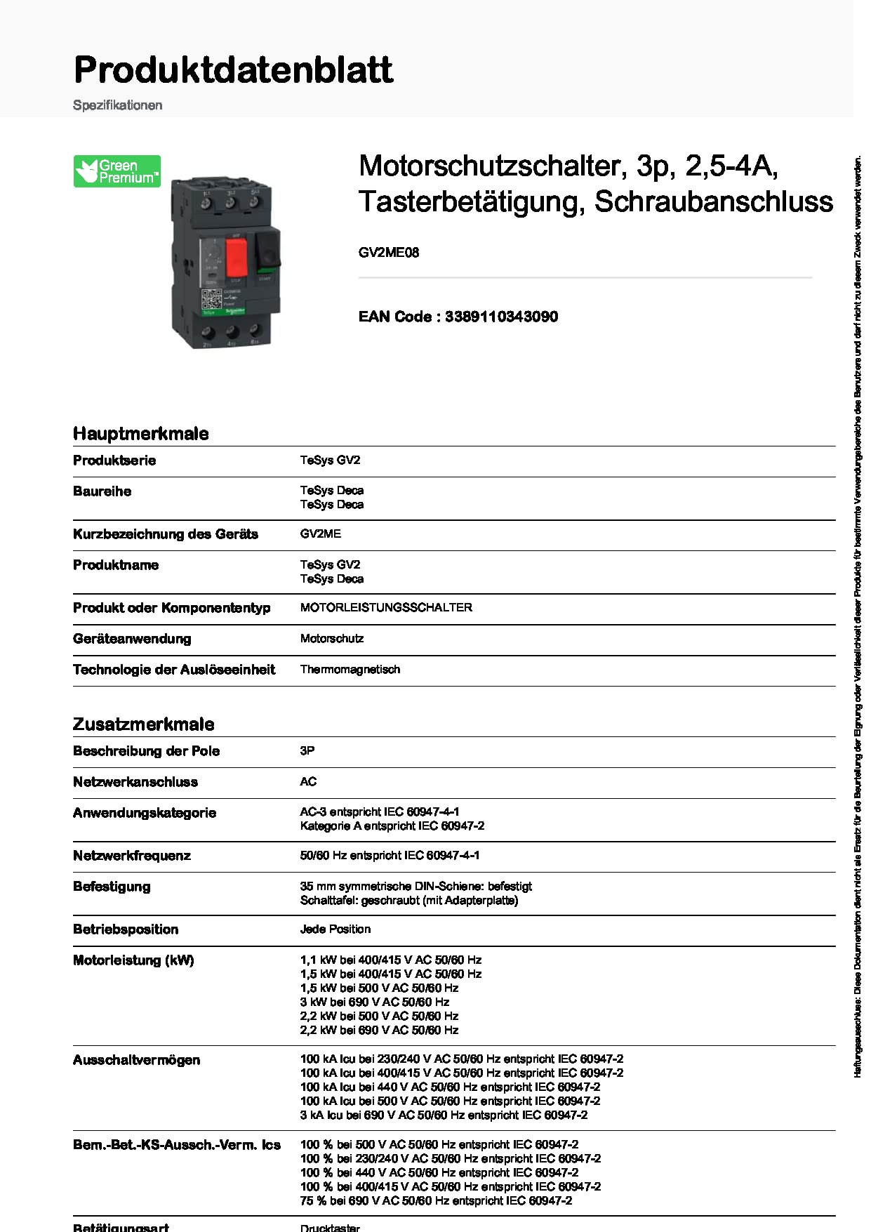 Schneider Electric GV2ME08 Disyuntor Magnetotérmico 2,5-4 A Conexión Por Tornillo