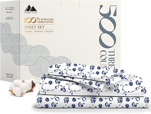Mayfair Linen Sábanas 100% algodón estampadas, 500 hilos, 4 piezas, estampado floral, azul, para cama tamaño Queen, sábanas de tejido satén de lujo