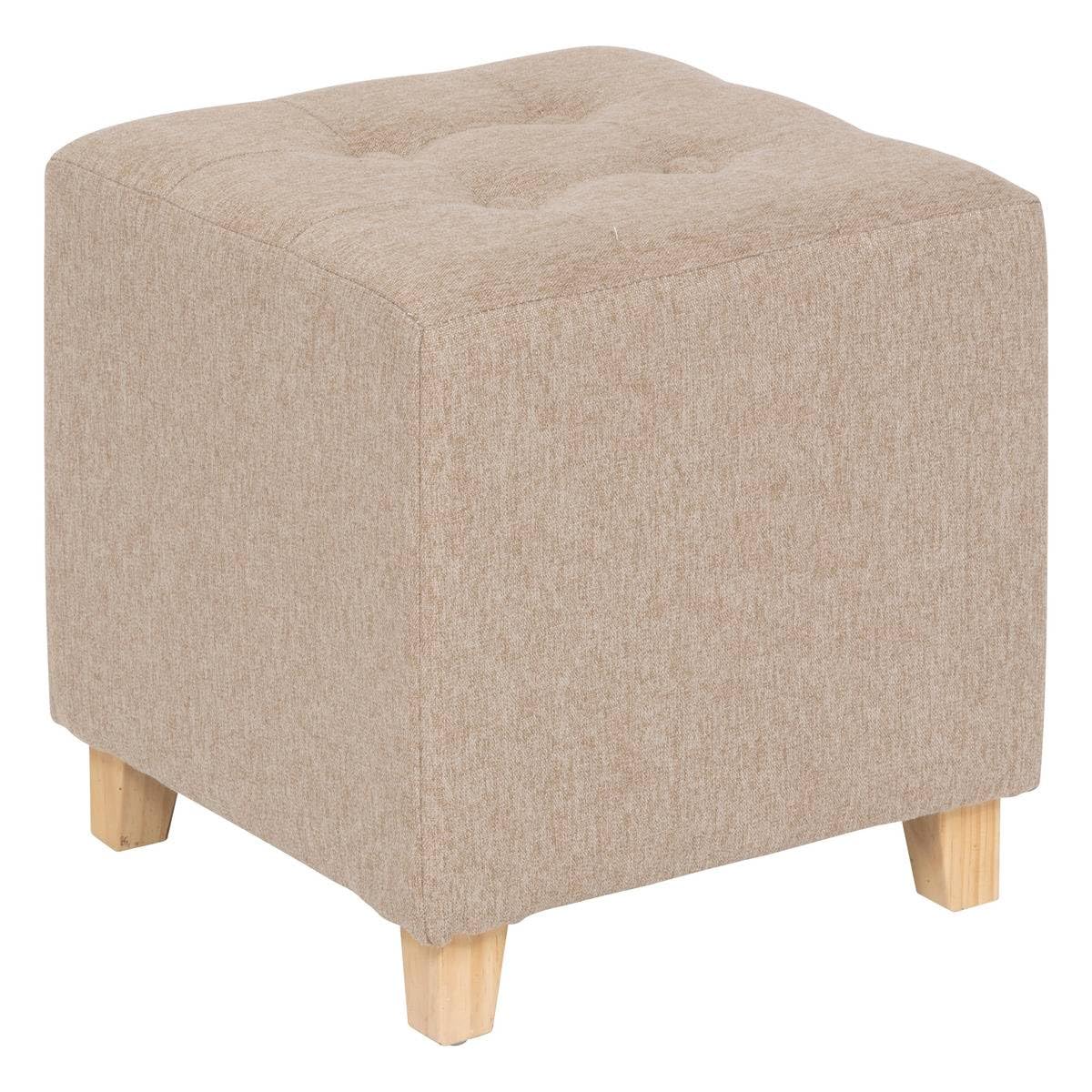 Atmosphera - Pouf Carré Leandre Beige Chiné 35 x 35 x 35 cm, Pieds en Bois, Assise Capitonné - pour Salon, Chambre