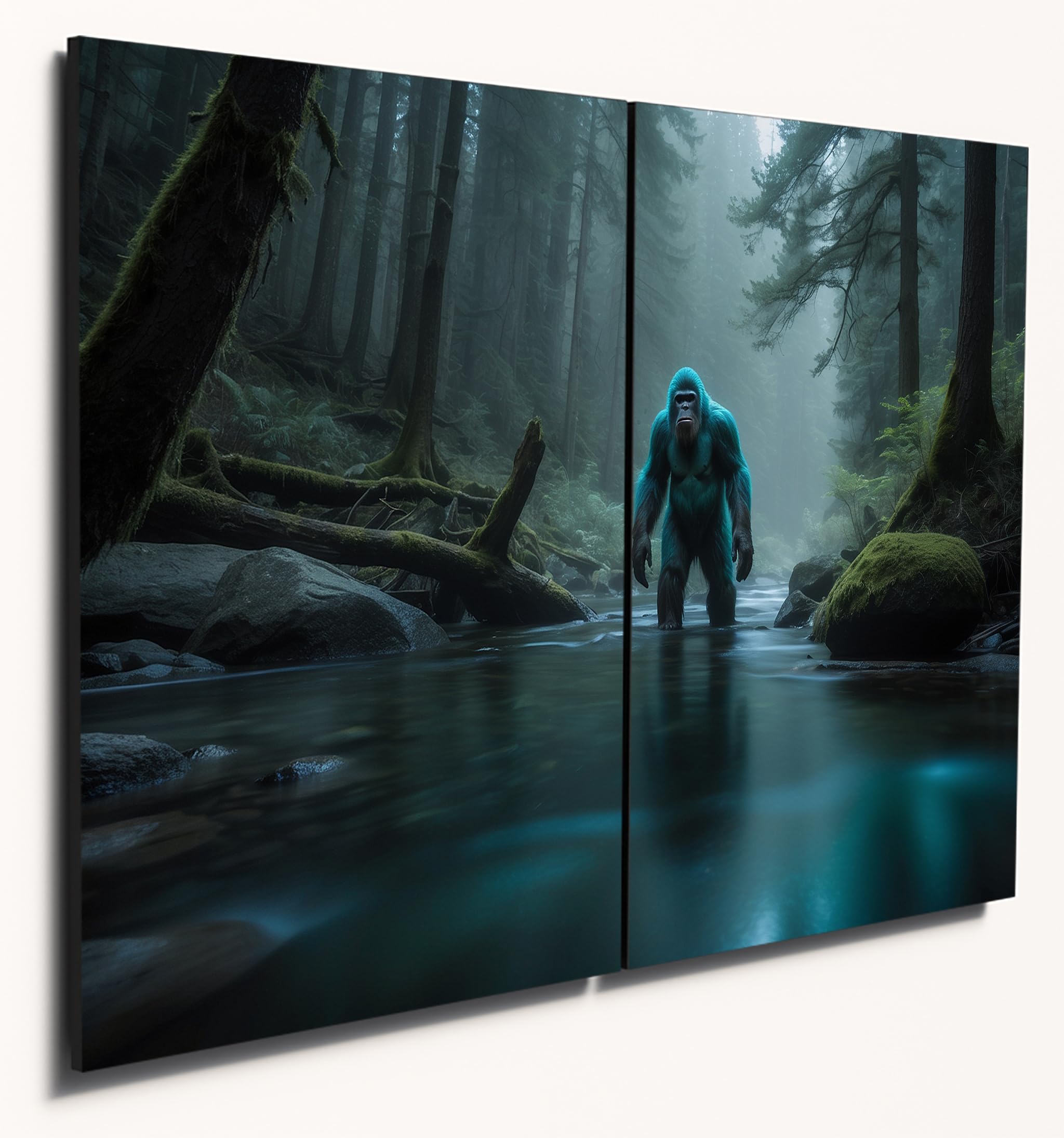 The Plum Penguin Design 2 Bigfoot Enchanted Forest Wall Art - A4 Twin Set Mdf Wood - Turquoise Twilight Scene Canvas Alternative 40 X 30Cm