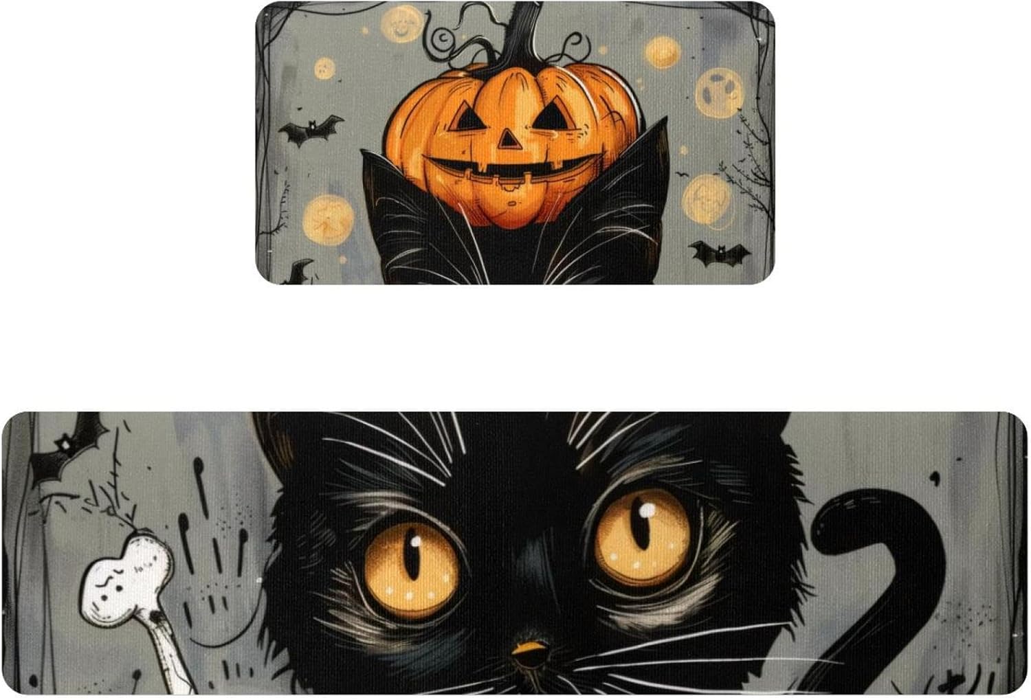 Kitchen Rugs Set of 2, Halloween Cute Black Cat with Pumpkin Skull Kitchen Mats for Floor Washable, Kitchen Floor Runner Mat Cushioned Anti Fatigue
