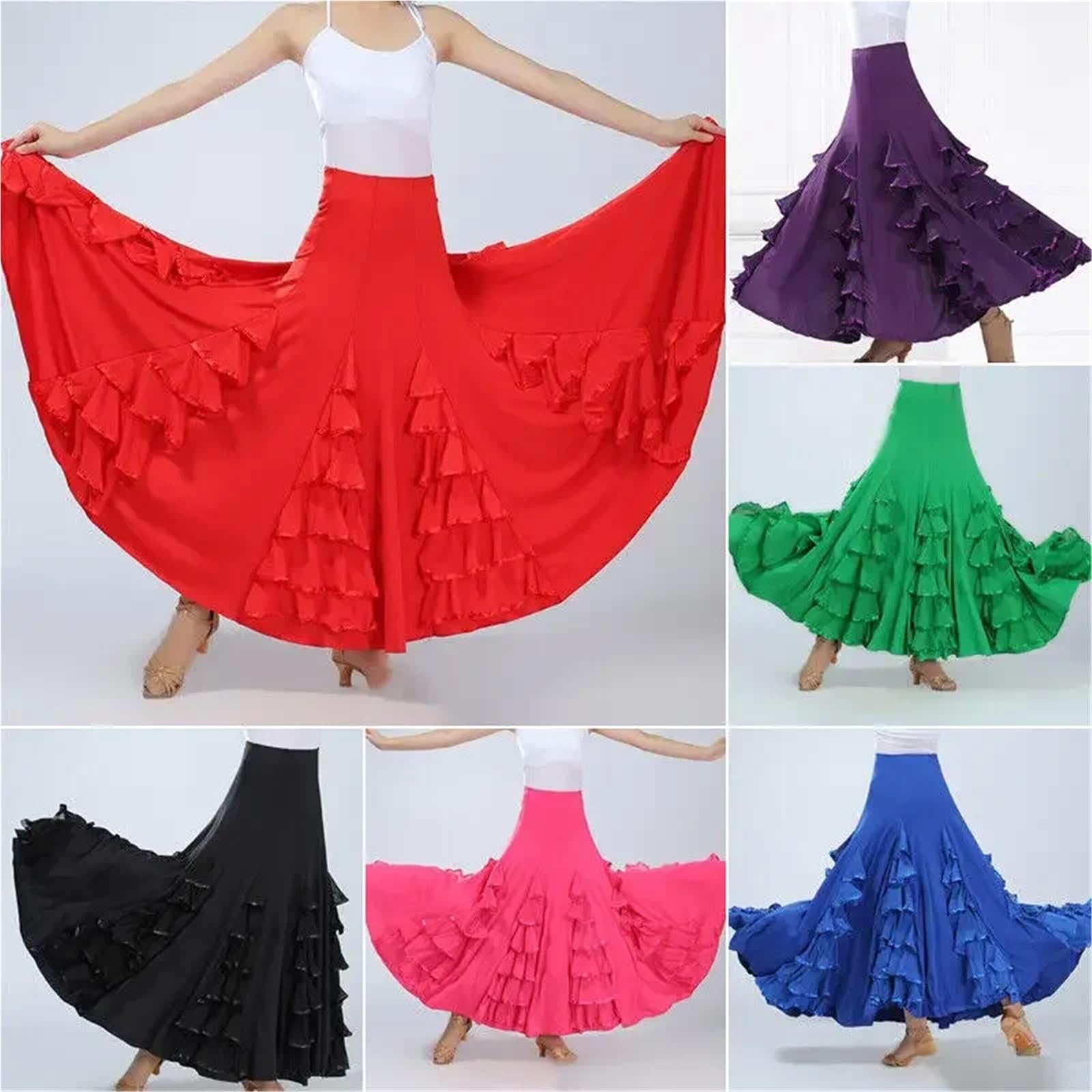 Falda Flamenca Mujer Vestido español de 360 ​​Grados for Mujer, Gran Swing, clásico, Gitano, vals, práctica de Baile, Ropa de Escenario, Traje de Baile de actuación(Color 19)