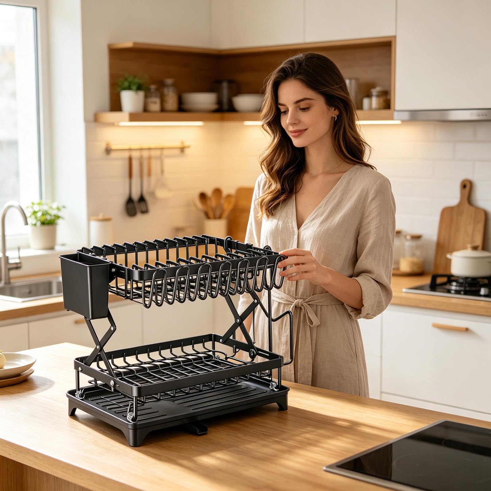 Escurridor de platos de 2 niveles con tabla de de gran capacidad | Escurreplatos para fregadero de cocina para el hogar, restaurante, cuencos, sartenes, tenedores, tablas de cortar, tazas
