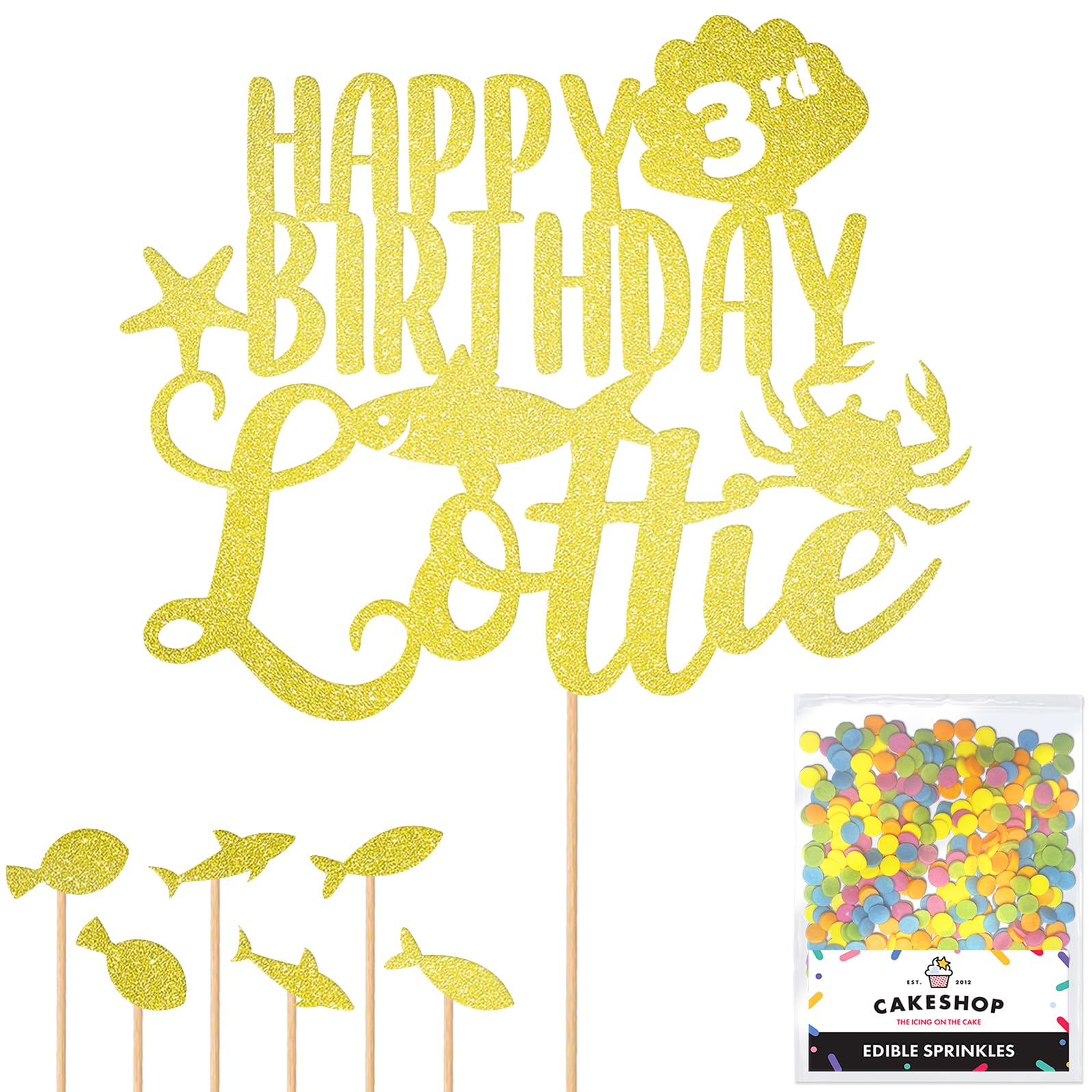 Personalised Birthday Under The Sea Glitter Cake Topper Champagne Any Custom Age & Name Glitter Cake Decoration and Sprinkles - Happy Birthday Decorations - Personalised Toppers for Cakes by Cakeshop