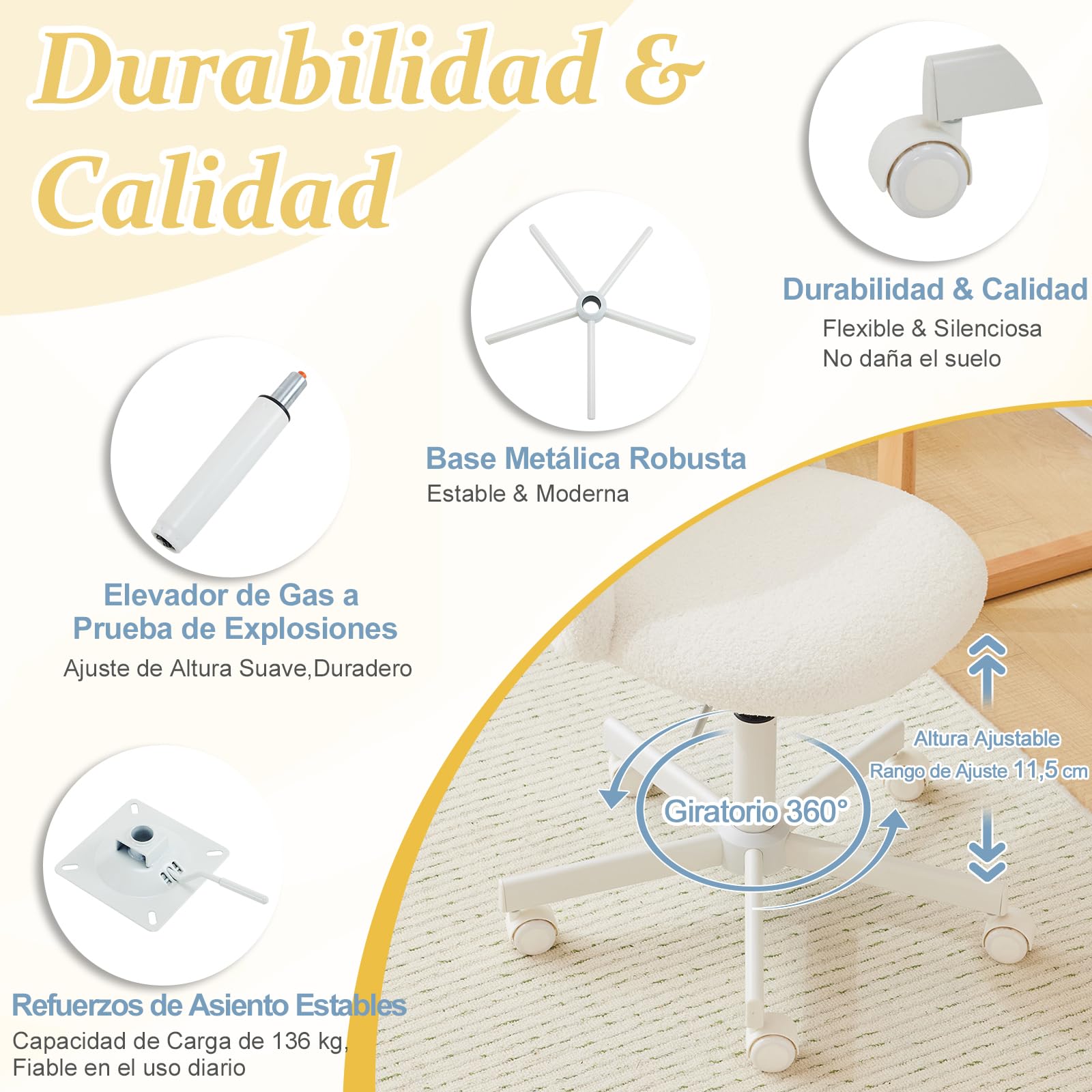 Silla de Escritorio, Silla Tocador, Oficina y Tocador, con Ruedas, Altura Regulable, Silla Compacta para Estudio, Dormitorio, Oficina en Casa, Tejido Teddy (Blanco)