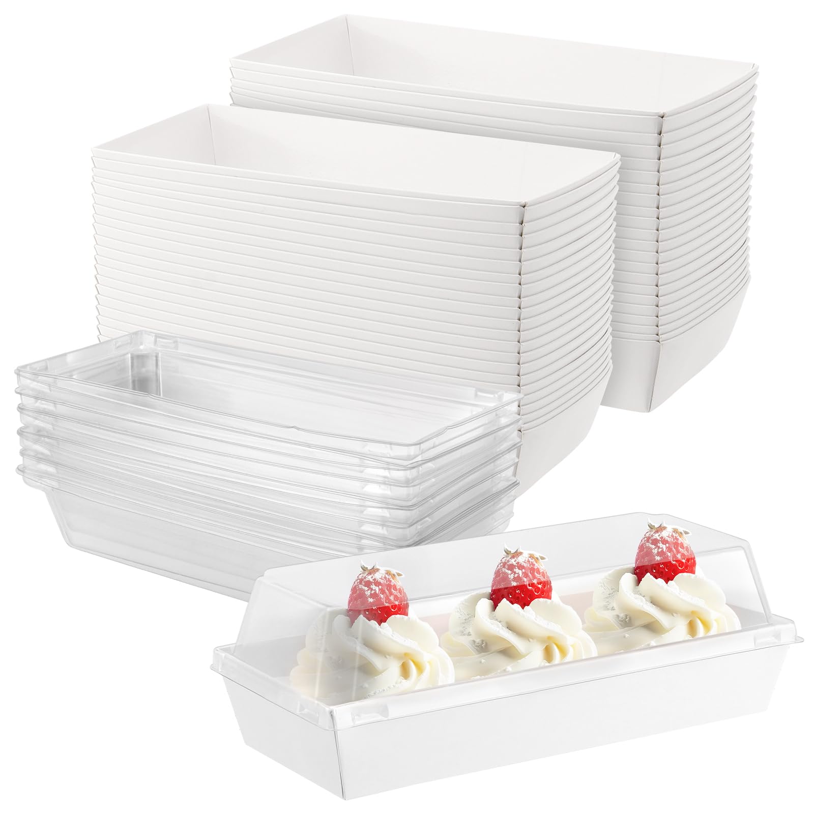 MAHIONG 100 Pack Paper Charcuterie Boxes with Clear Lids, White Cardboard Sandwich Boxes, Swiss Roll Cake Containers for Cookie, Bakery, Charcuterie, Cake Packaging, 19 x 8.5 x 6.5cm