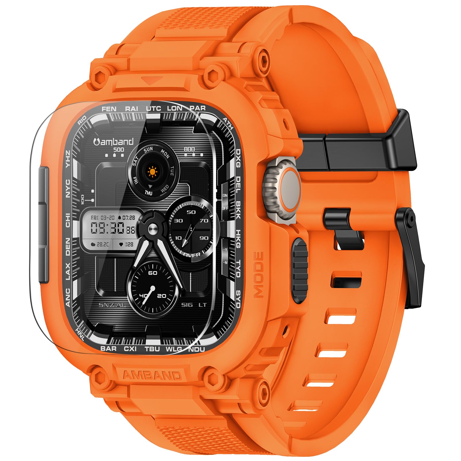 amBand Bands Case Screen Protector Compatible with Apple Watch Ultra 3/2/1 49mm, M1 Sport Series Rugged Cover Strap and 9H Tempered Glass Film, Protective Bumper for iWatch 49 mm Men Orange