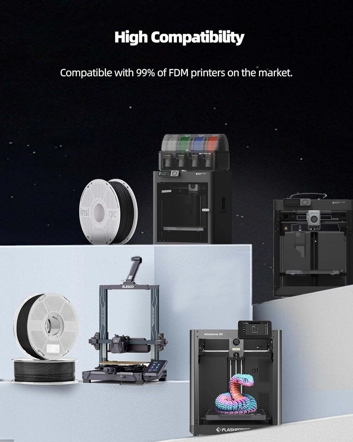 Inslogic Fiberon PA6-CF Carbon Fiber Nylon Filament 1.75mm Black 0.5kg Refill, Fiberon PA6-CF Nylon Warp Free 1.75mm 3D Printing Filament