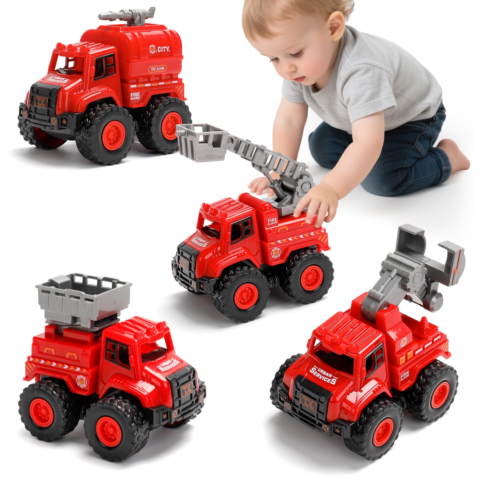 YGNNXRN 4-in-1 Fire Truck Toy Set for Toddlers  Push and Go Fire Engine Vehicles with Ladder, Water Tank, Rescue & Drill Trucks  Firefighter Toy for Boys and Girls Age 2 3 4 5