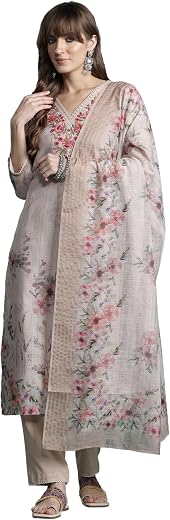INDO ERA Women's Straight Linen Floral Printed Embroidered Kurta &amp; Pant with Dupatta Set