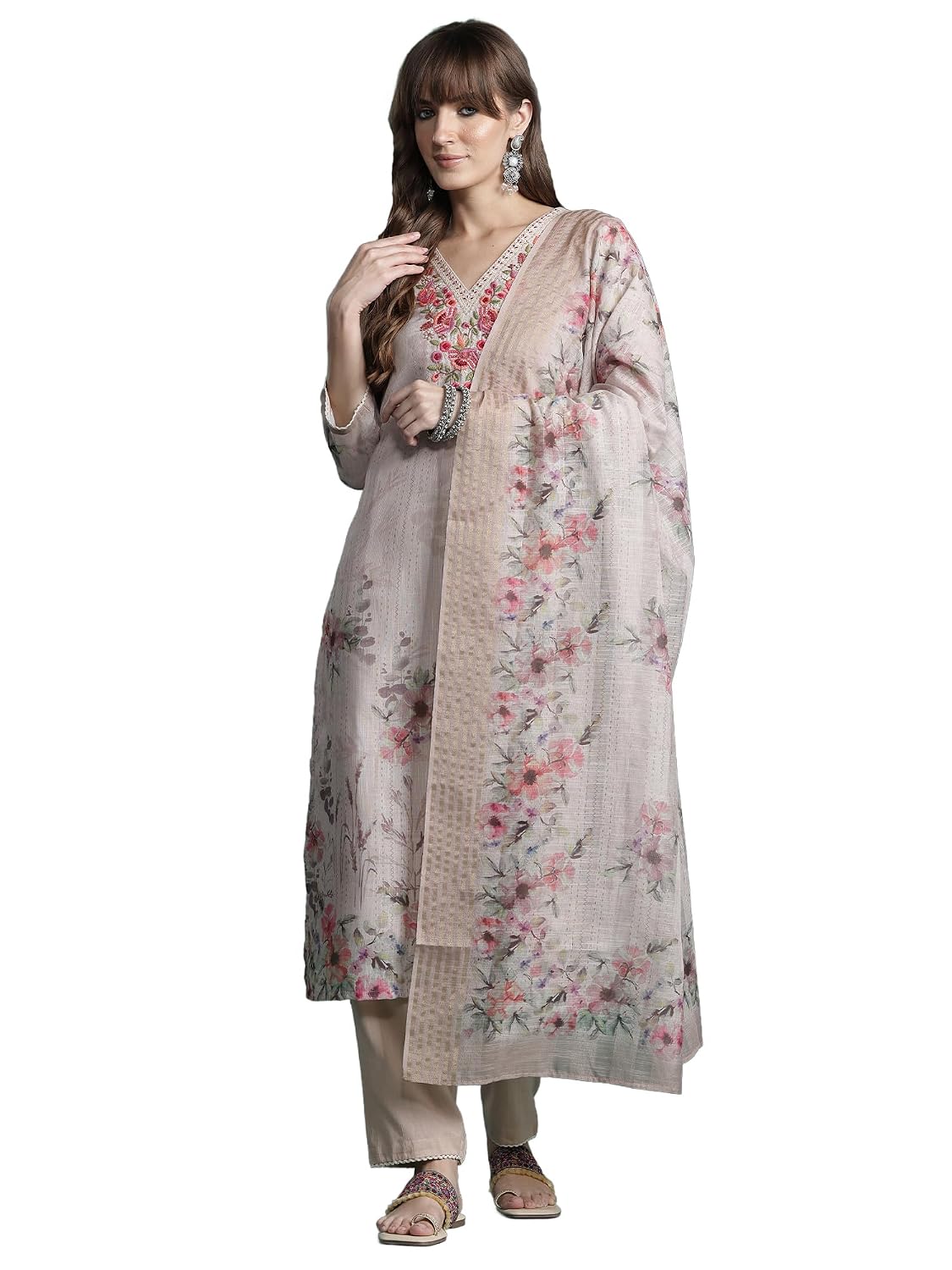 INDO ERA Women’s Straight Linen Floral Embroidered Kurta & Pant with Dupatta Set (KH0SG10642)