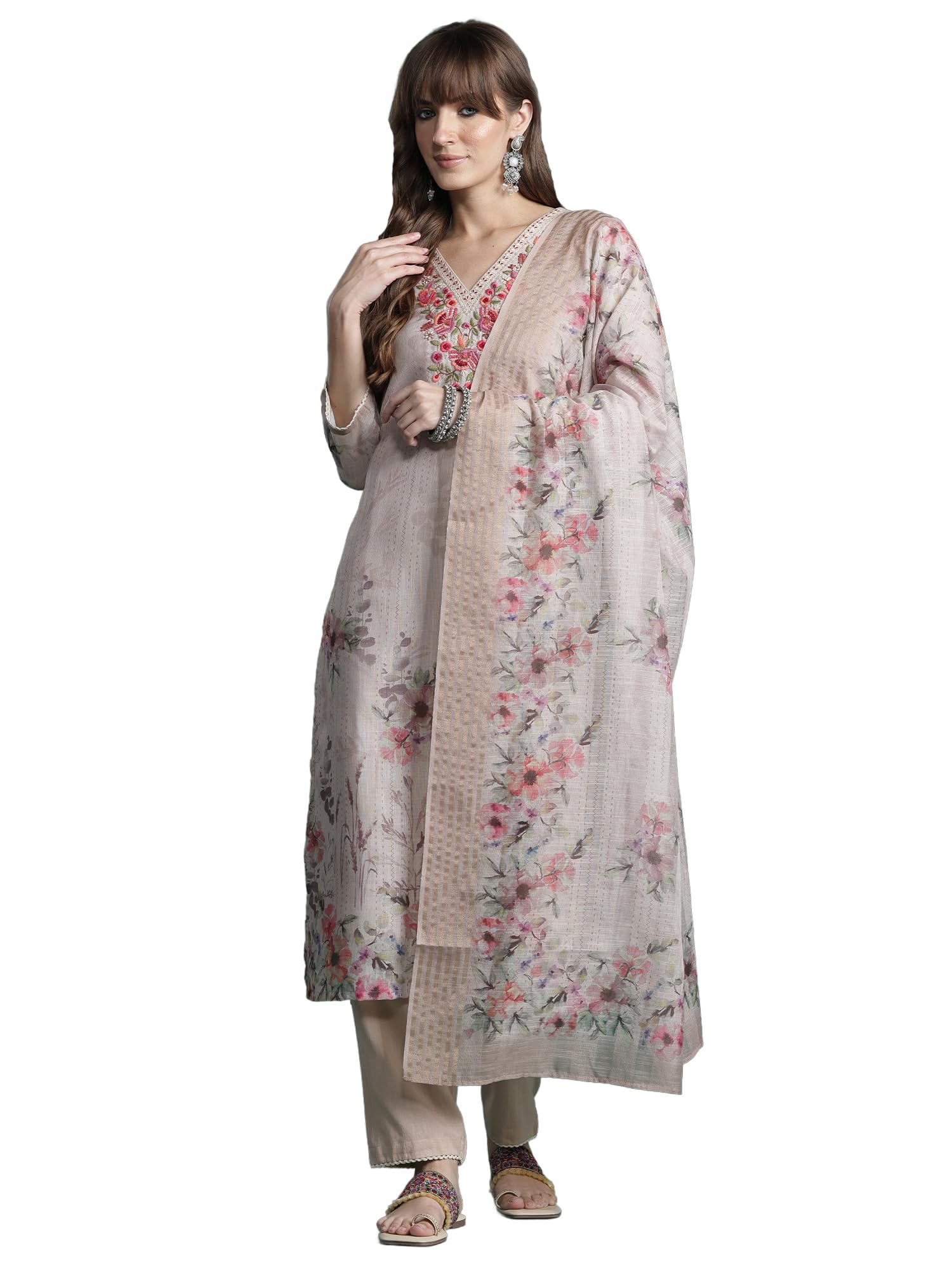 indo era Women's Straight Linen Floral Embroidered Kurta & Pant with Dupatta Set (KH0BE10645)-picture-25