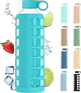 purifyou 40oz / 32oz / 22oz / 12oz Borosilicate Glass Water Bottle with Time & Volume Markers, Silicone Sleeve, Stainless Steel Lid | Reusable Glass Bottle for Water & Juice (32oz Aqua Blue)