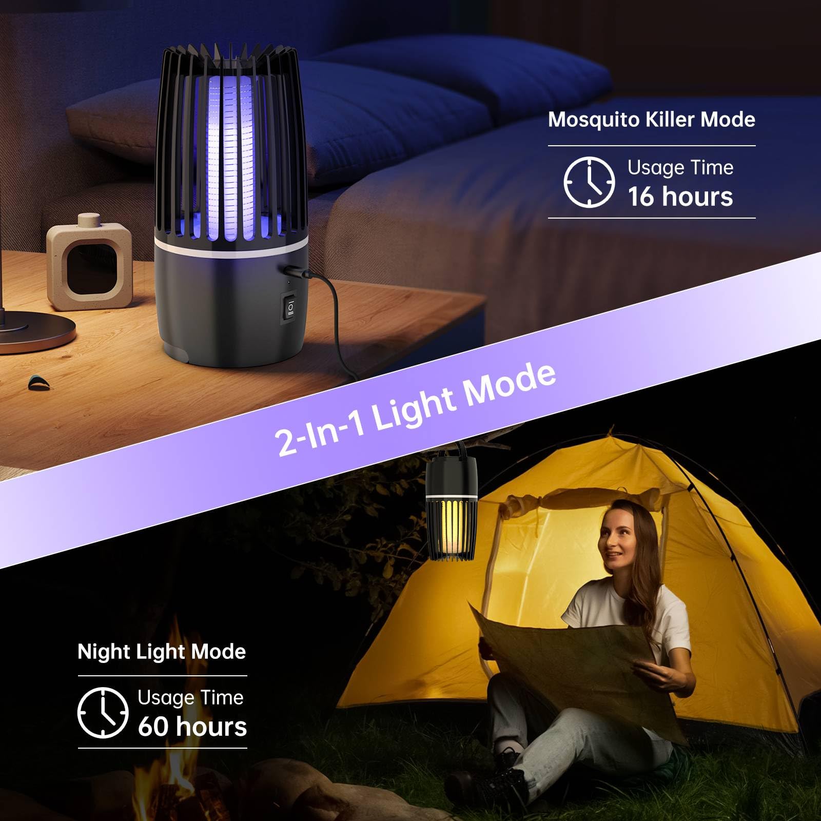 Lampada Antizanzare Elettrica, 4200V UV Zanzariera Elettrica Impermeabile IPX4, Lampada Anti Insetti Ricaricabile Trappola per Insetti, per Casa Giardino Interno Esterno Cucina