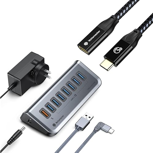 Hub USB alimentado con cable USB A a C en ángulo recto y cable de extensión USB C, recto, adecuado para APC USB, laptops y consolas de juegos