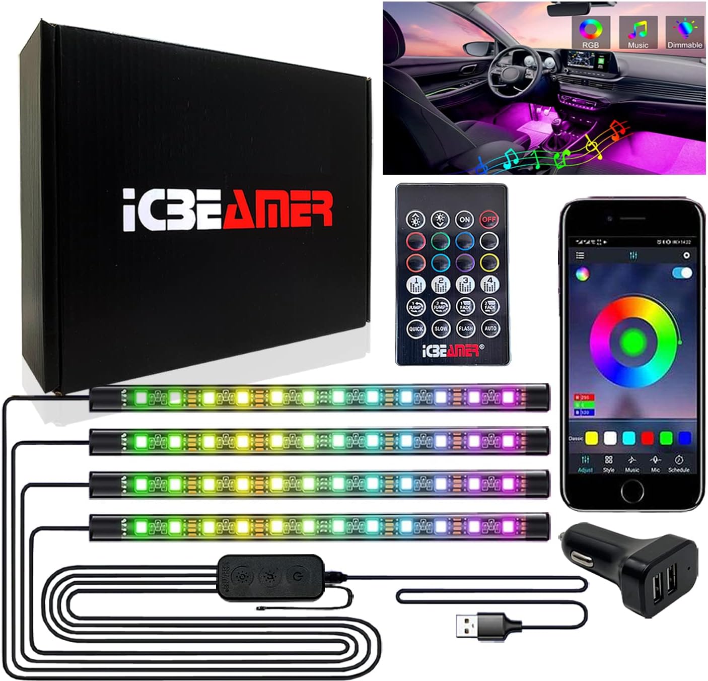 ICBEAMER Interior Lights for Car, Apps or Remote Control LED Multi Color Strip Lights RGB Sync to Music Fit All Vehicle Under Dash/Seat Lighting RGB Strip Light DIY Mode DC 12V