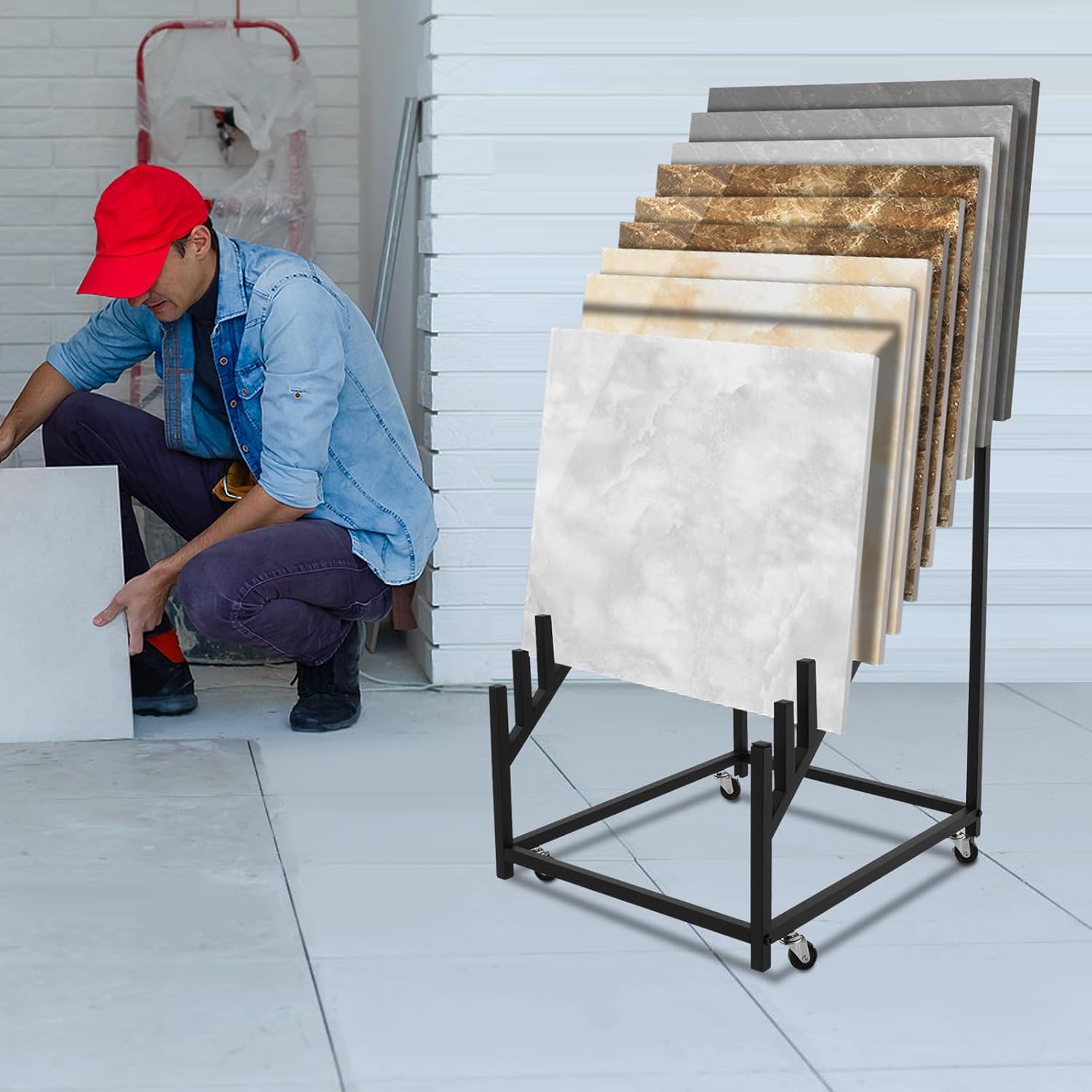 12-Tier Tile Sample Display Stand, Steel Tile Sample Storage Rack with Wheels, Rolling Metal Floor Tiles Holder, Slotted Ceramic Tiles Display Rack for Exhibition Halls, Retail Stores