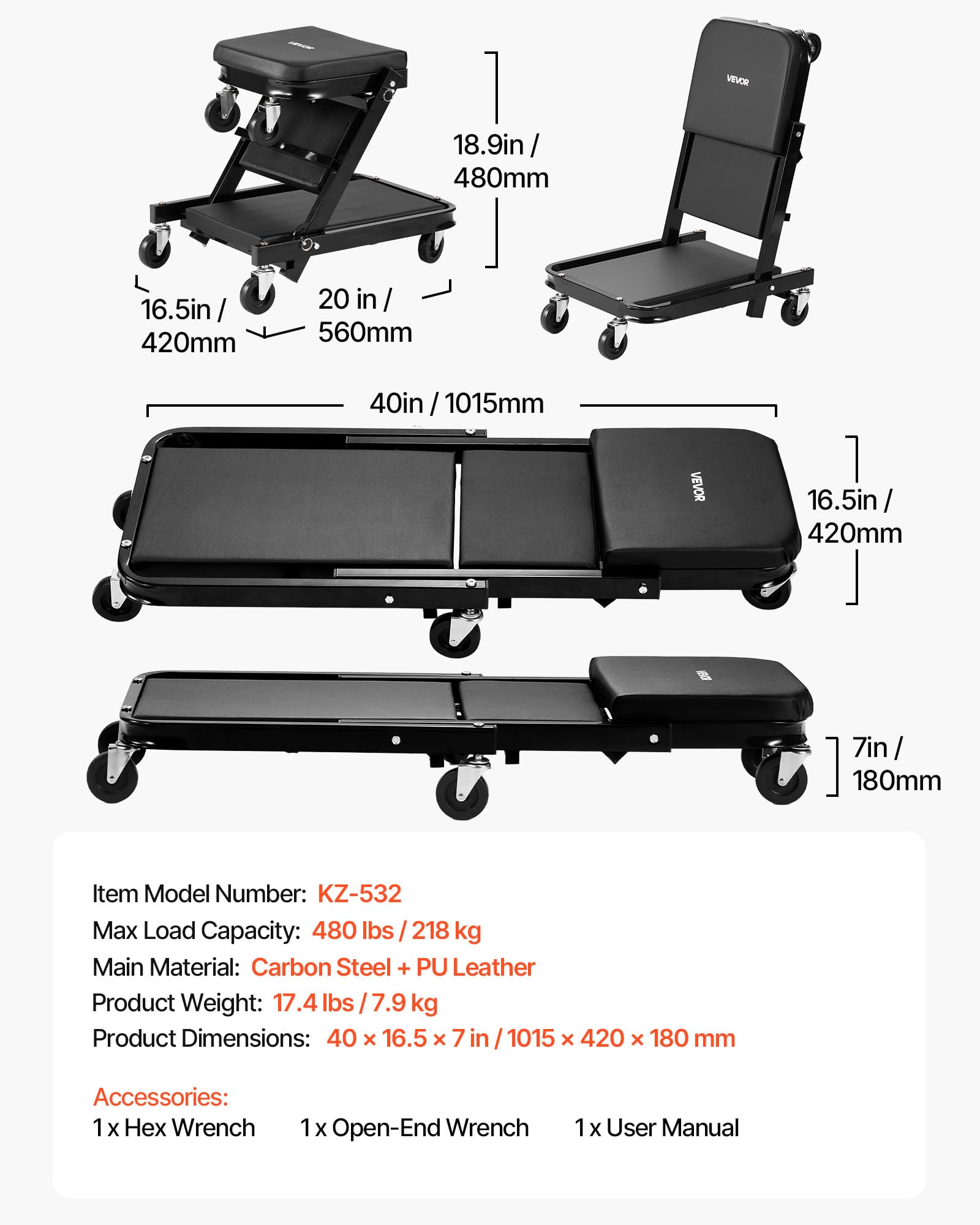 VEVOR Lettino Pieghevole sotto Auto Carico 218 kg con 6 Ruote Piroettanti, Sdraio da Meccanico Pieghevole 1015 mm sotto Veicoli Riparazioni Auto da Officina Garage, Acciaio al Carbonio, Colore Nero