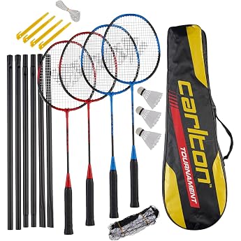 Carlton Tournament Badminton Racket Set 4 Players 4 Rackets 3 Balls 1 Bag Net & Post Black/Red Black/Blue