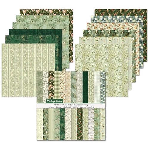24 Blätter Scrapbooking Papier, 30,5 x 30,5 cm, Doppelseitiges Blumenmuster Muster Papier, 24 Designs Dekorpapier Set, Craft Papiers für DIY Fotoalbum und Scrapbook Dekoration (Grün, 12 Zoll)