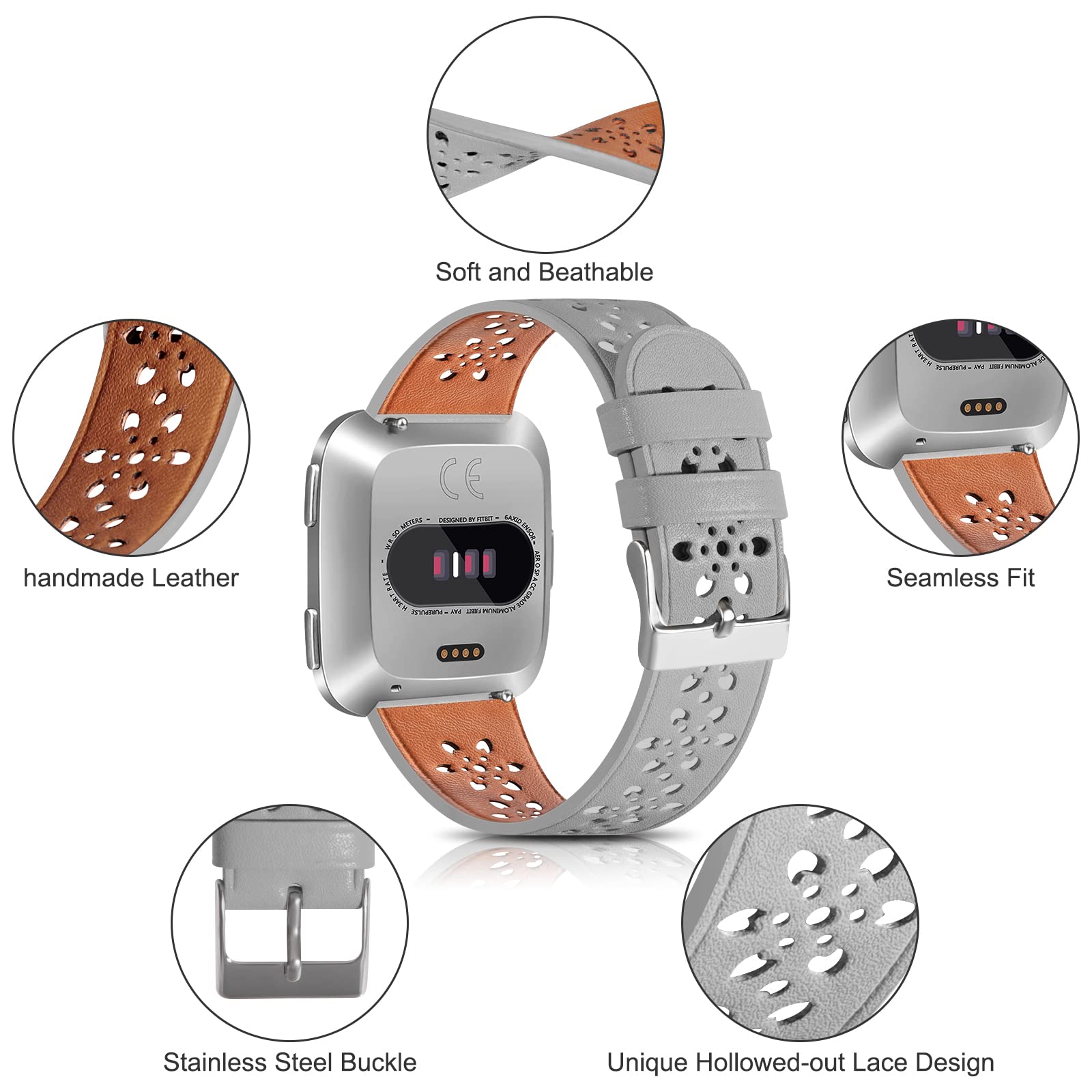 Correa de cuero compatible con Fitbit Versa 2 Band/Fitbit Versa Band/Fitbit Versa SE/Versa Lite Fitness Smart Watch Pulseras para mujeres y hombres, correa de repuesto de cuero suave con diseño de 2
