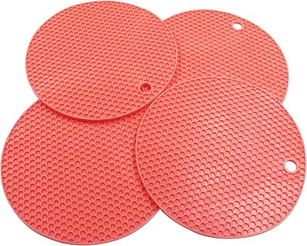 4 Pack Round Silicone Trivet Mats, Red
