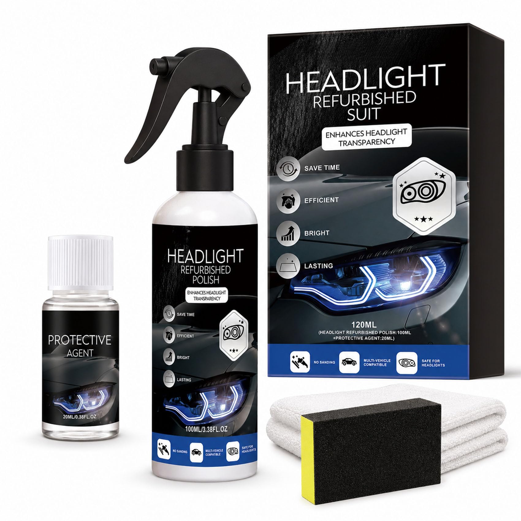 Headlight Refurbished Suit, Car Headlight Cleaner for Foggy Yellowed Lenses, Helps Improve Lens Clarity for Cars, Trucks, Motorcycles (1pcs)