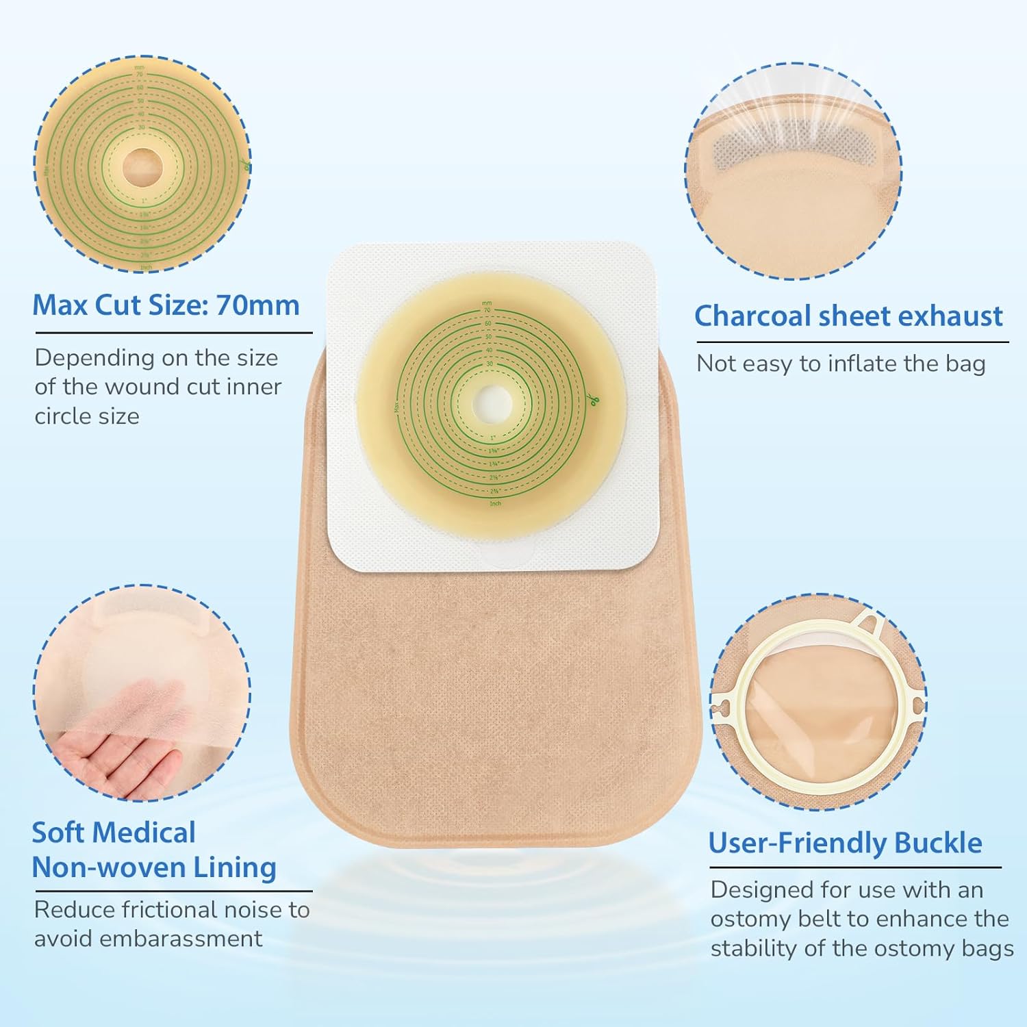 60pcs Ostomy Supplies Ostomy Bags 2 Piece Closed End, 2-Piece Disposable Colostomy Bags for Ileostomy Stoma Care, Travel Backup, Cut-to-Fit, 70mm Max (40 x Ostomy Bag + 20 x Skin Barrier）