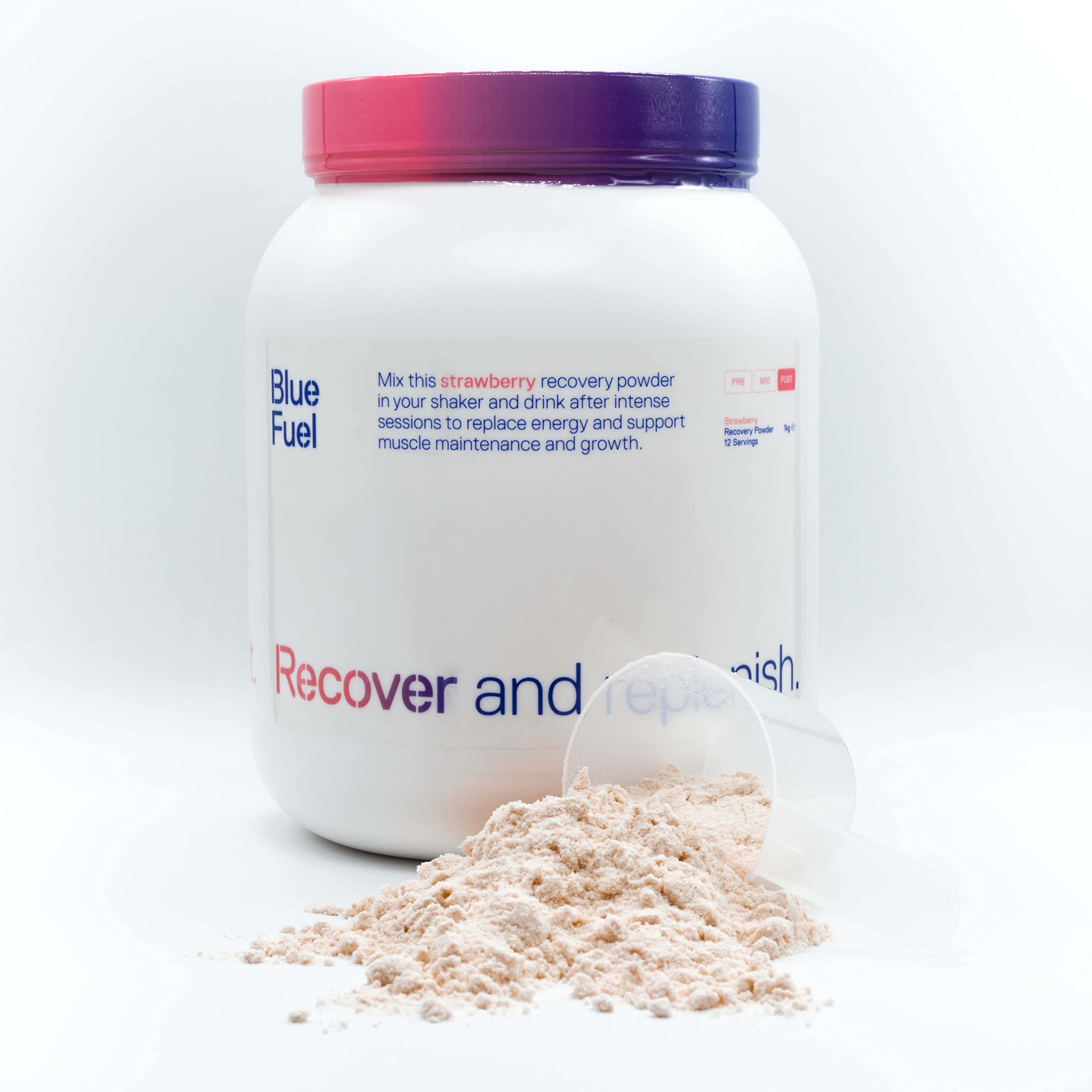 Blue Fuel Recover - The Complete Post Exercise Shake to Rehydrate, Refuel and Rebuild. Contains 30g of Whey Protein Powder per Serving as Used by Elite Athletes, 1kg Tub (Strawberry)