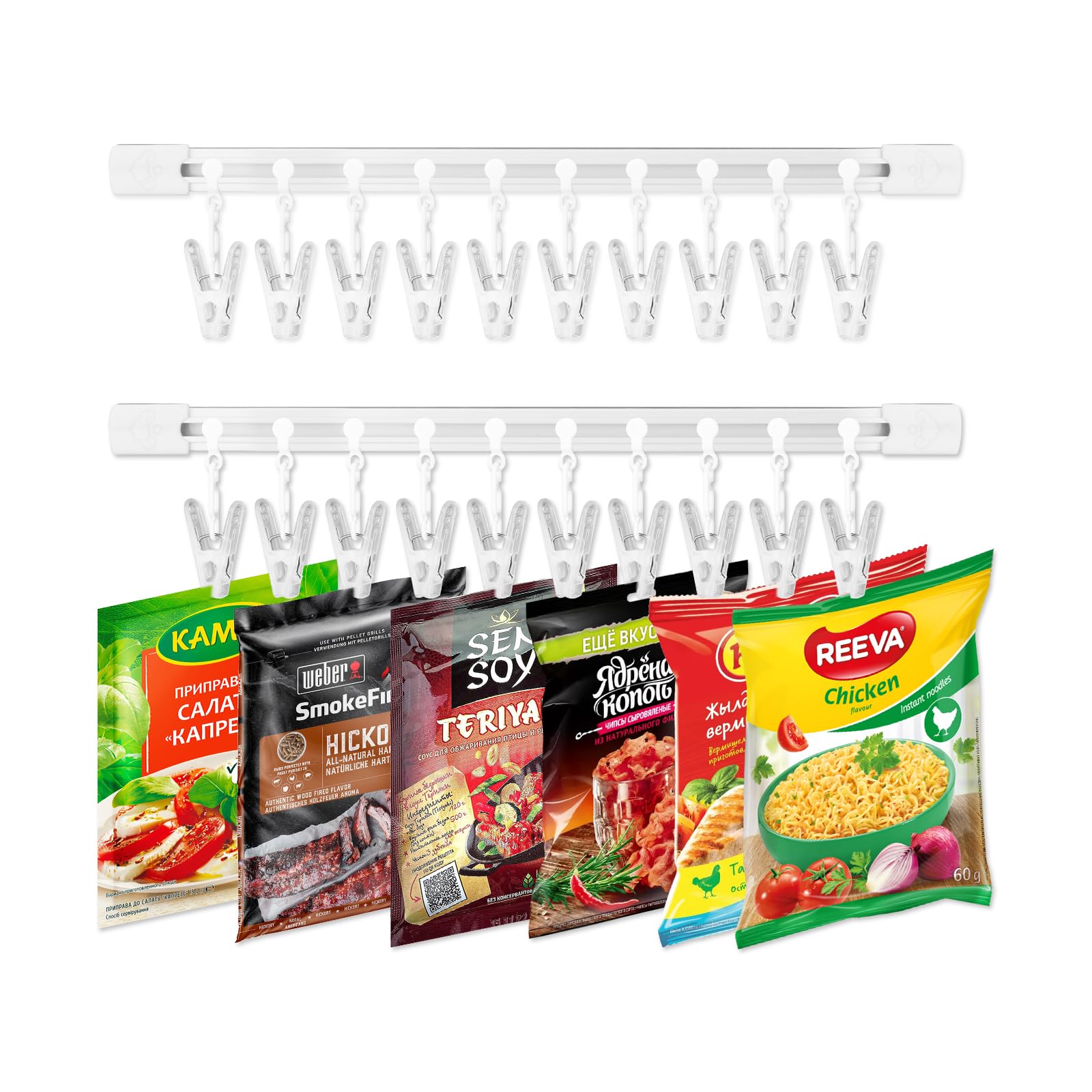 FUYAHA No-drill Wall-Mounted Hanger Rack, with 10 Adjustable Clips, Seasoning Bag Storage Seal Clip,Wall-mounted Kitchen Storage Rail Hanger Rack, Easy to Organize Your Kitchen & Closet