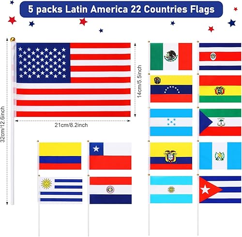 Miniatura 2 de 110 banderas de mano latinas de 22 países de habla hispana, pequeñas banderas de mano latinoamericanas, mini banderas en palos para decoración de