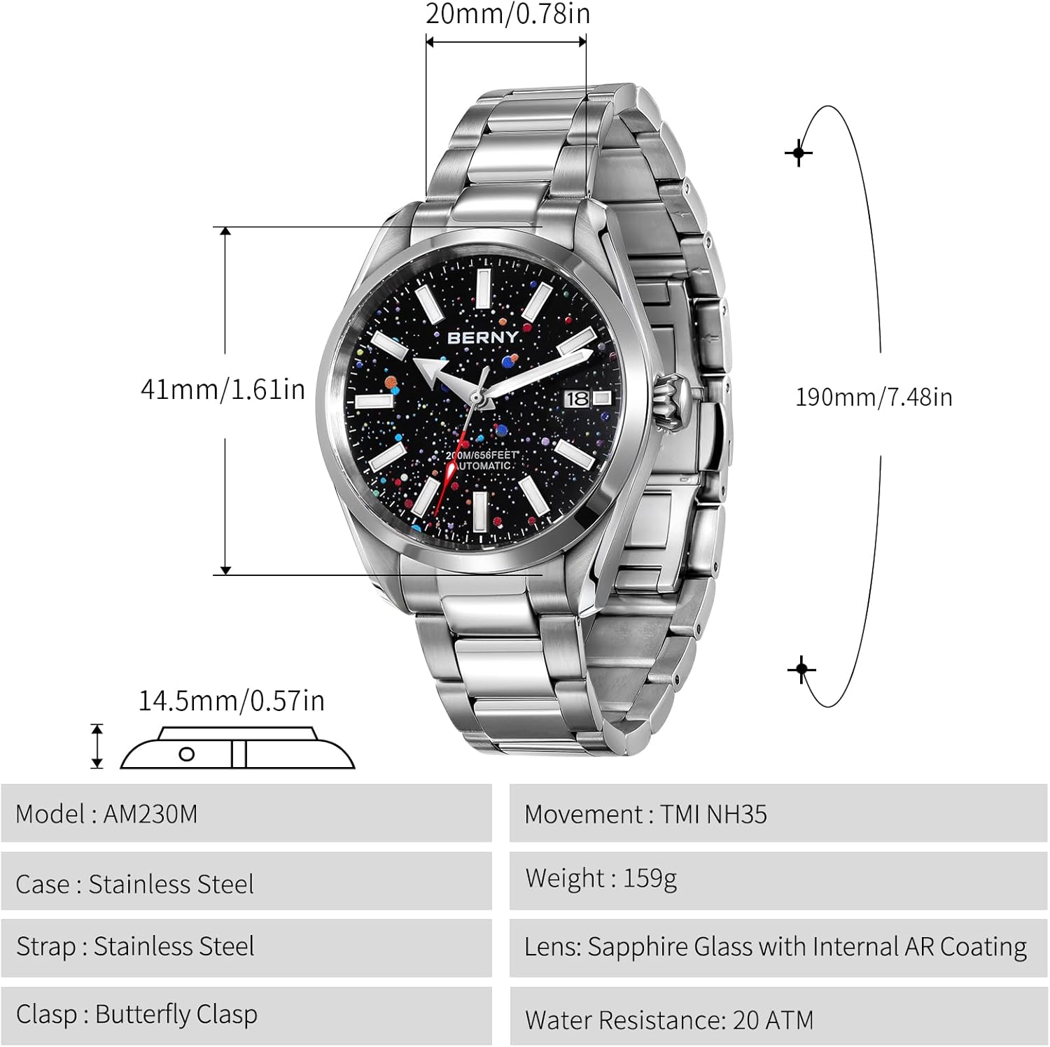 BERNY Automatic Watch for Men Fashion 200M Waterproof Men's Wristwatch Super Luminous Silver Mechanical Watch Full Stainless Steel Male Analog Watches Sapphire Crystal Date Calendar Birthday Present