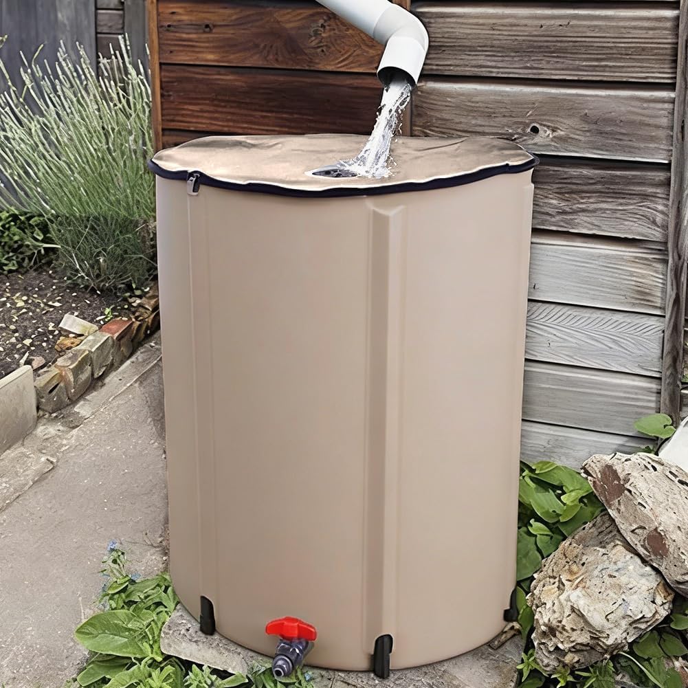 Rain Barrel with Spigots and Overflow, Collapsible Rain Barrels to Collect Rainwater from Gutter, for Outdoor/Garden/Lawn,Beige,50L/40x50cm