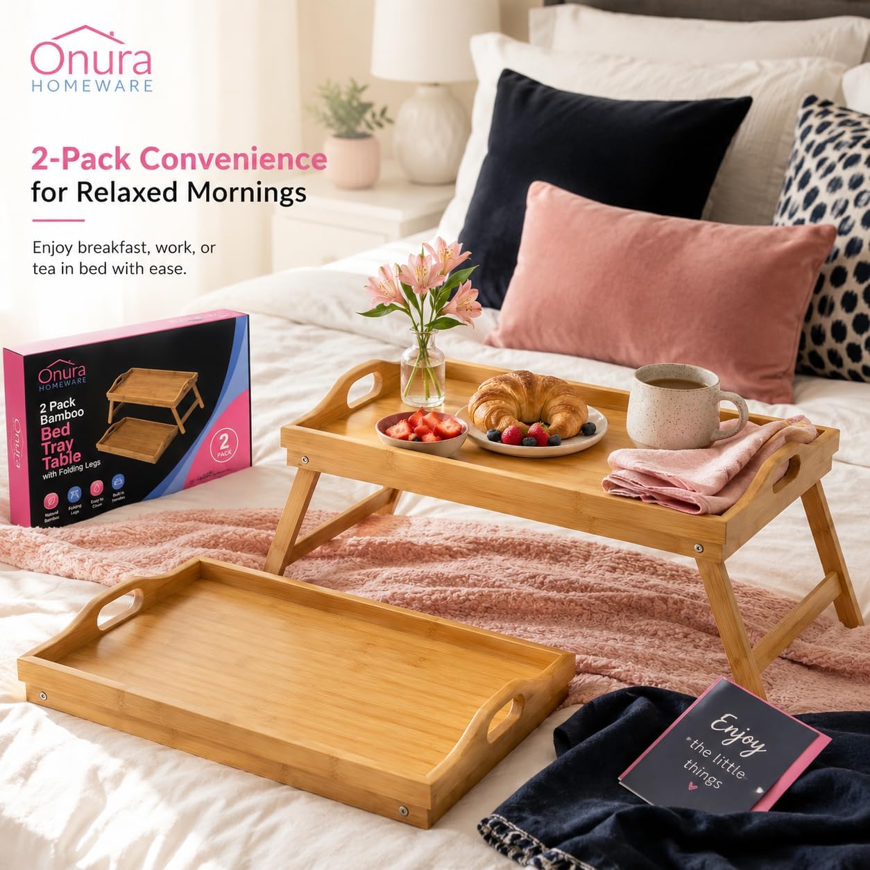 2 Pack Bamboo Bedside Table with Folding Legs, Multi Usage as Wooden Serving Tray for Breakfast in Bed, Lap Desk, Bed Table for Eating, Reading, Writing Table for Kids, Laptop Tray, Sofa and Couch