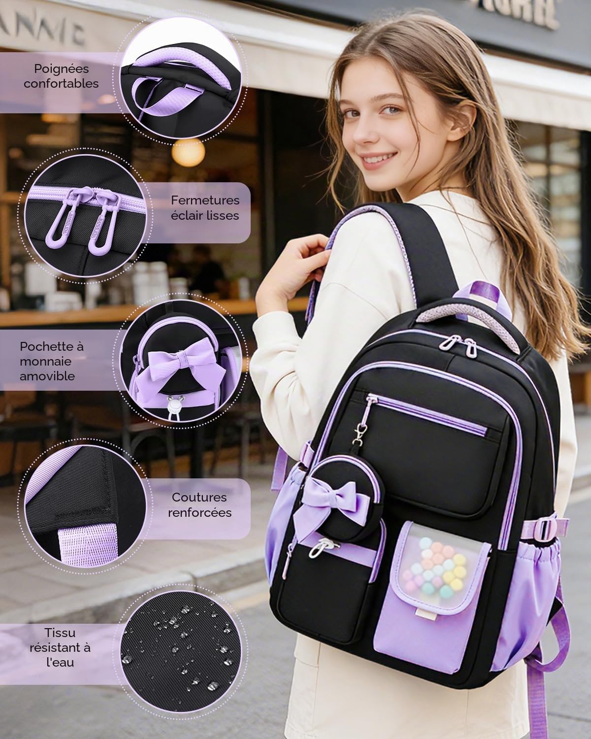 Amythe Cartable Fille Collège et Primaire, Sac à Dos Scolaire Adolescentes Léger Imperméable, Grand Sac D'école Fille pour Portable 15.6", Compatible Chariot,10-18 Ans -Violet