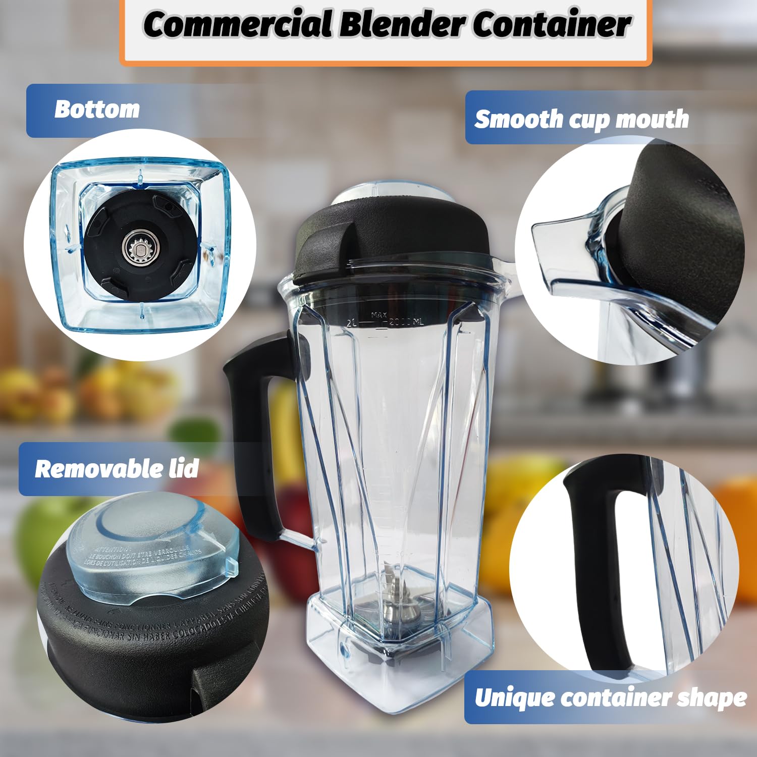 Mise à niveau pour carafe Vitamix 1,8 l, remplacement pour Vitamix 5200 5000 6500 7500 Pro500 750 Vita-Prep VM0101 VM0102 VM0103 VM0197 E310 320 Asymétrique 172 Conteneur Tasse avec 2 brosses de