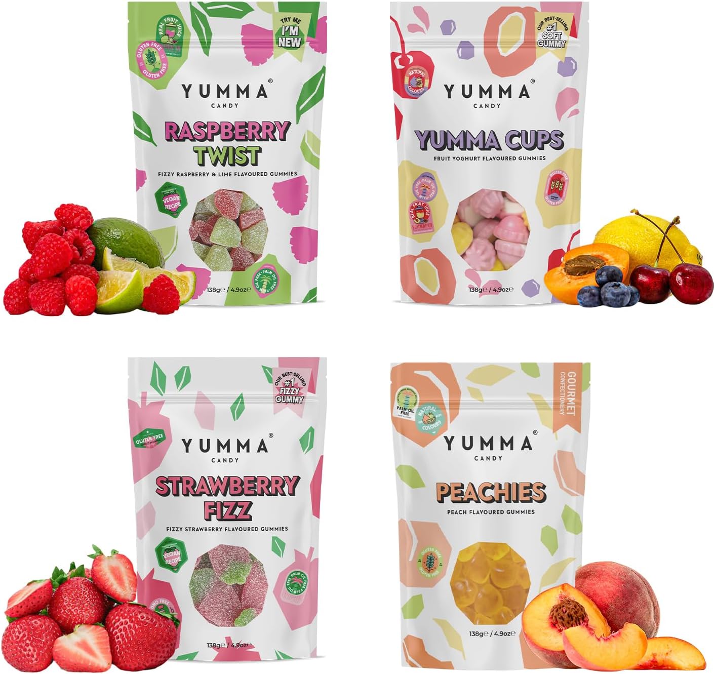 Yumma Candy - Mixed Bundle 4 Pack, Christmas Candy Sweets Gift Box - Strawberry Fizz, Peachies, Raspberry Twist & Yumma Cups - Gluten Free, Palm Oil Free, Natural Fruity Gummies - 4 x 138g Bags