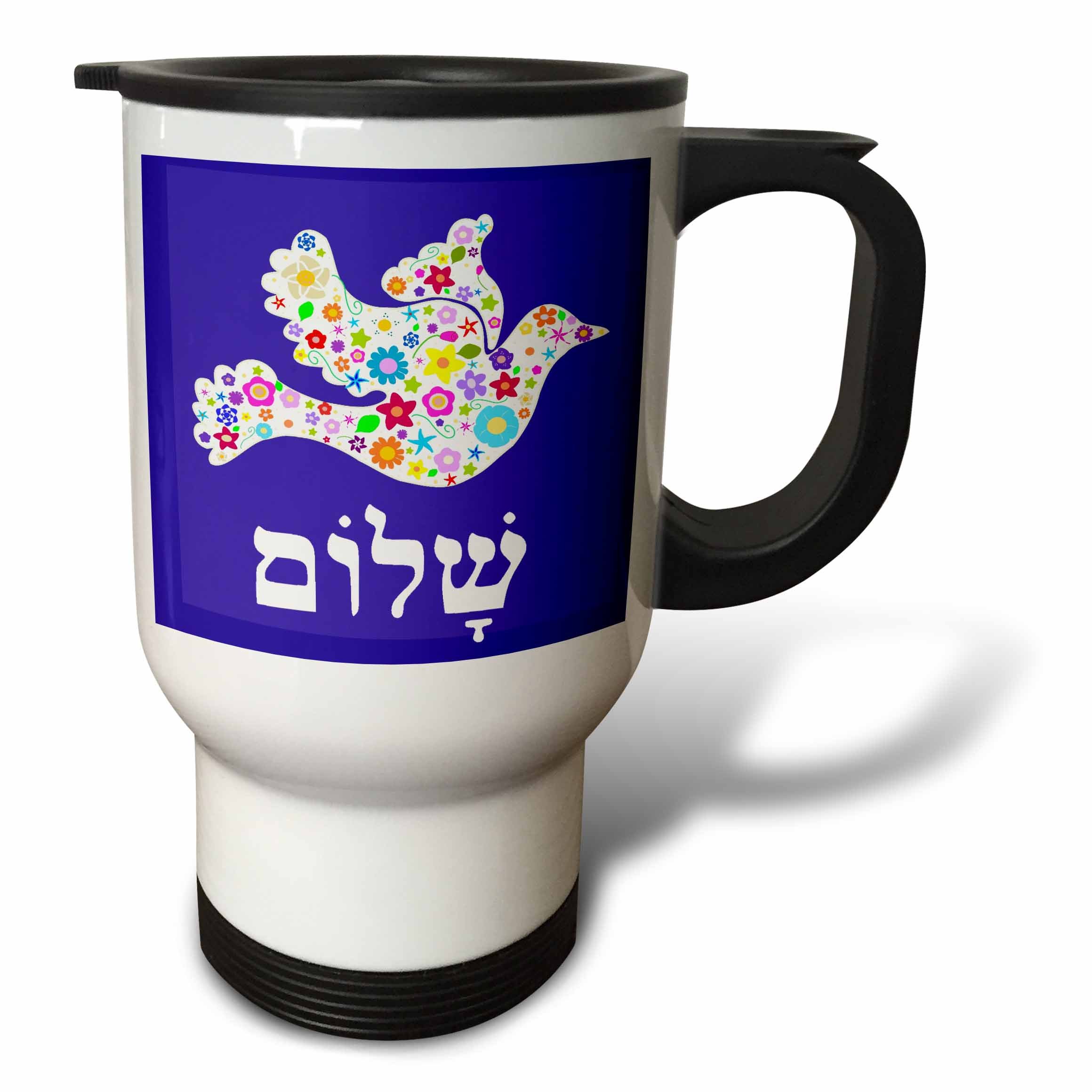 3dRose White Floral Dove of Peace with Hebrew Shalom Text, Stainless Steel Travel Mug, 14-Oz
