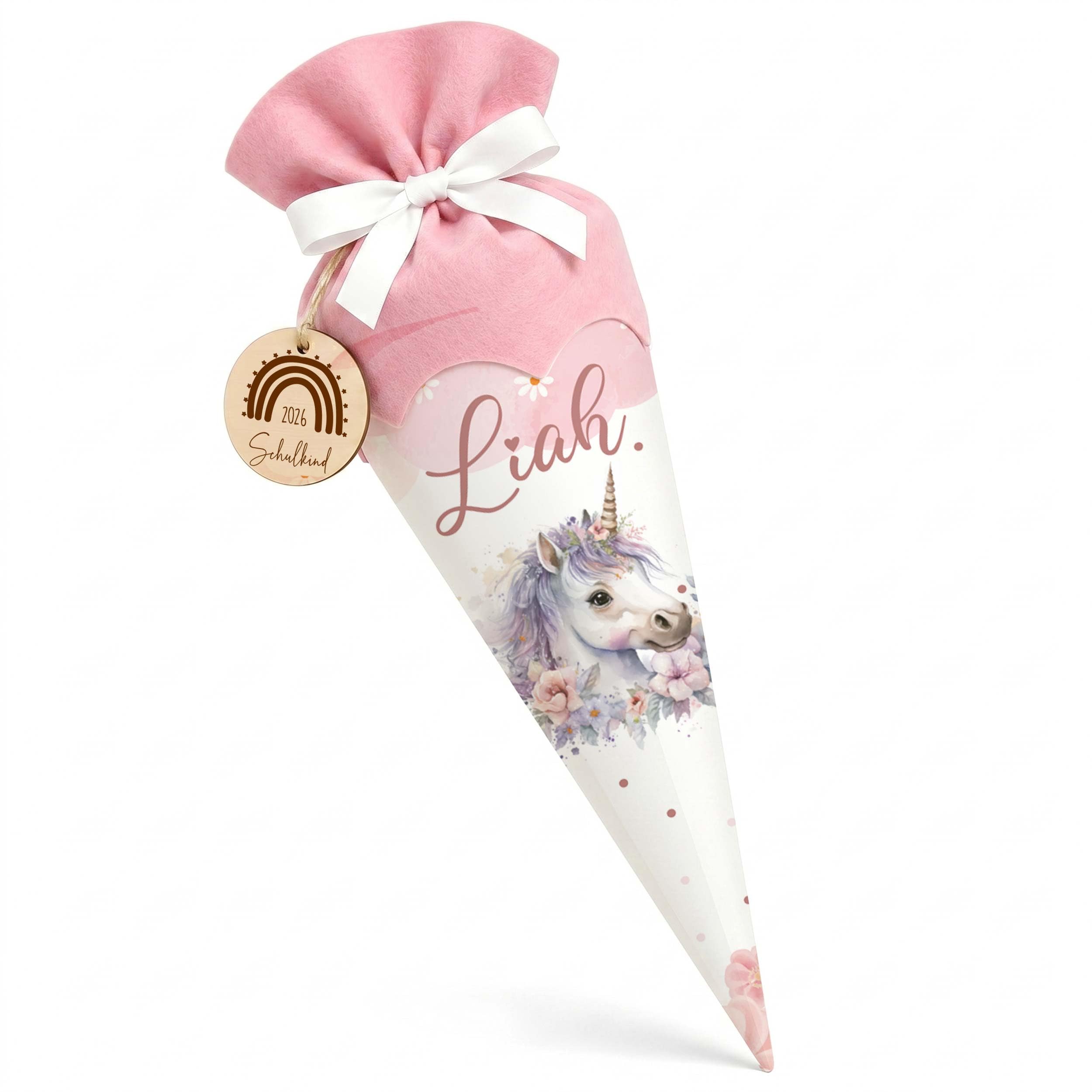 Personalisierte Schultüte mit Filz-Stoff & Holzschild, Zuckertüte zur Einschulung Mädchen Jungen 2026 - Einhorn Rosa